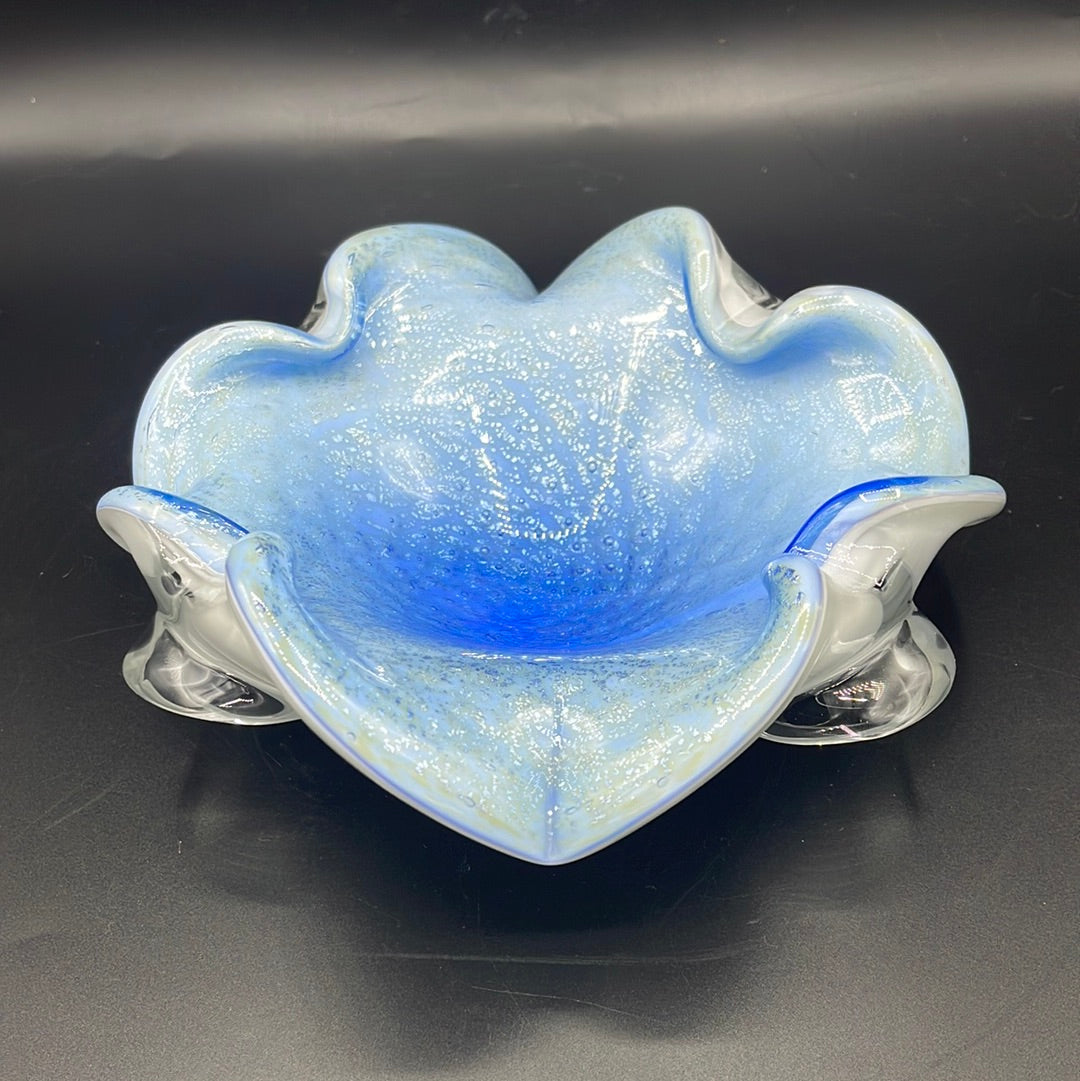 Vintage Murano Art Glass Controlled Bubble Ruffle Edged Dish - Blue