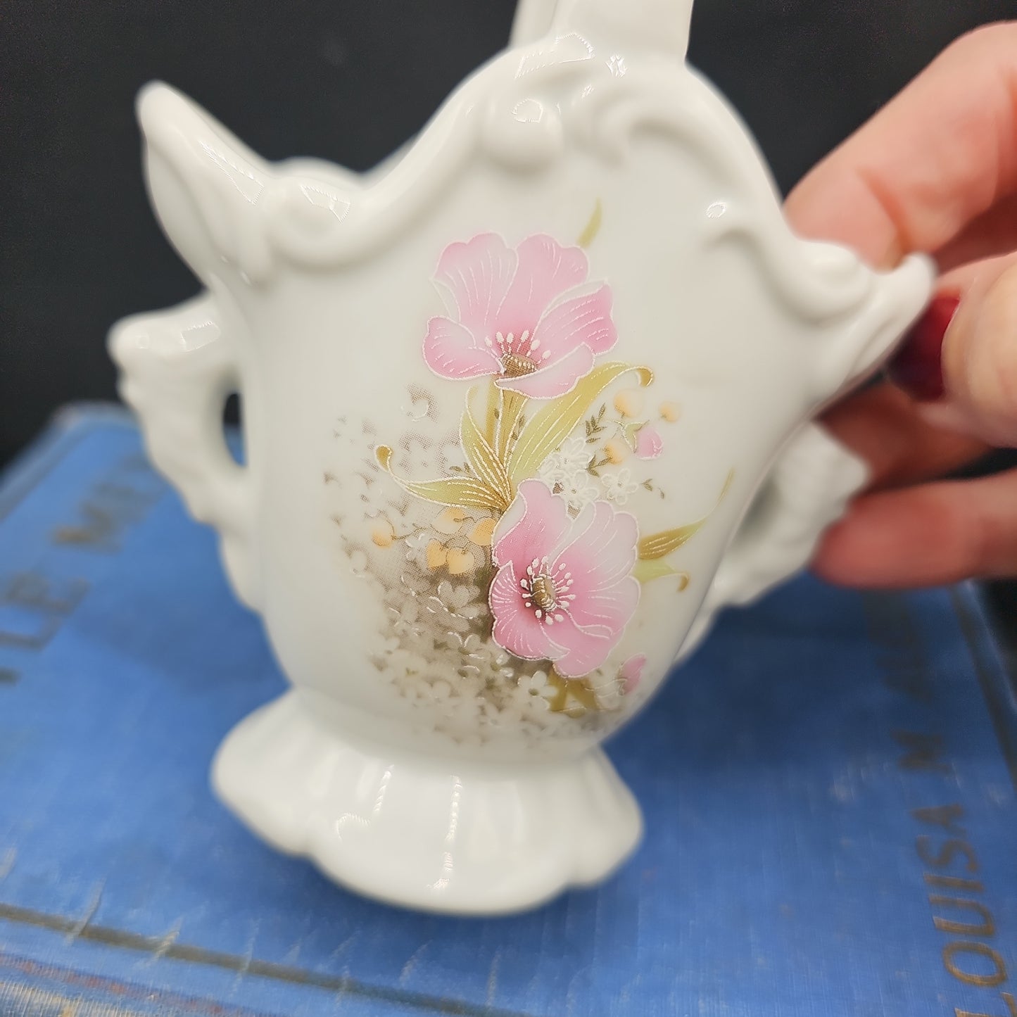 White Ceramic Basket with Pink Flowers