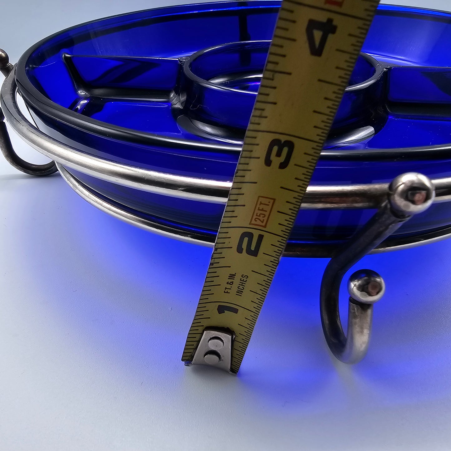 Vintage French Cobalt Blue Glass Divided Relish Dish with Silver Plated Metal Stand