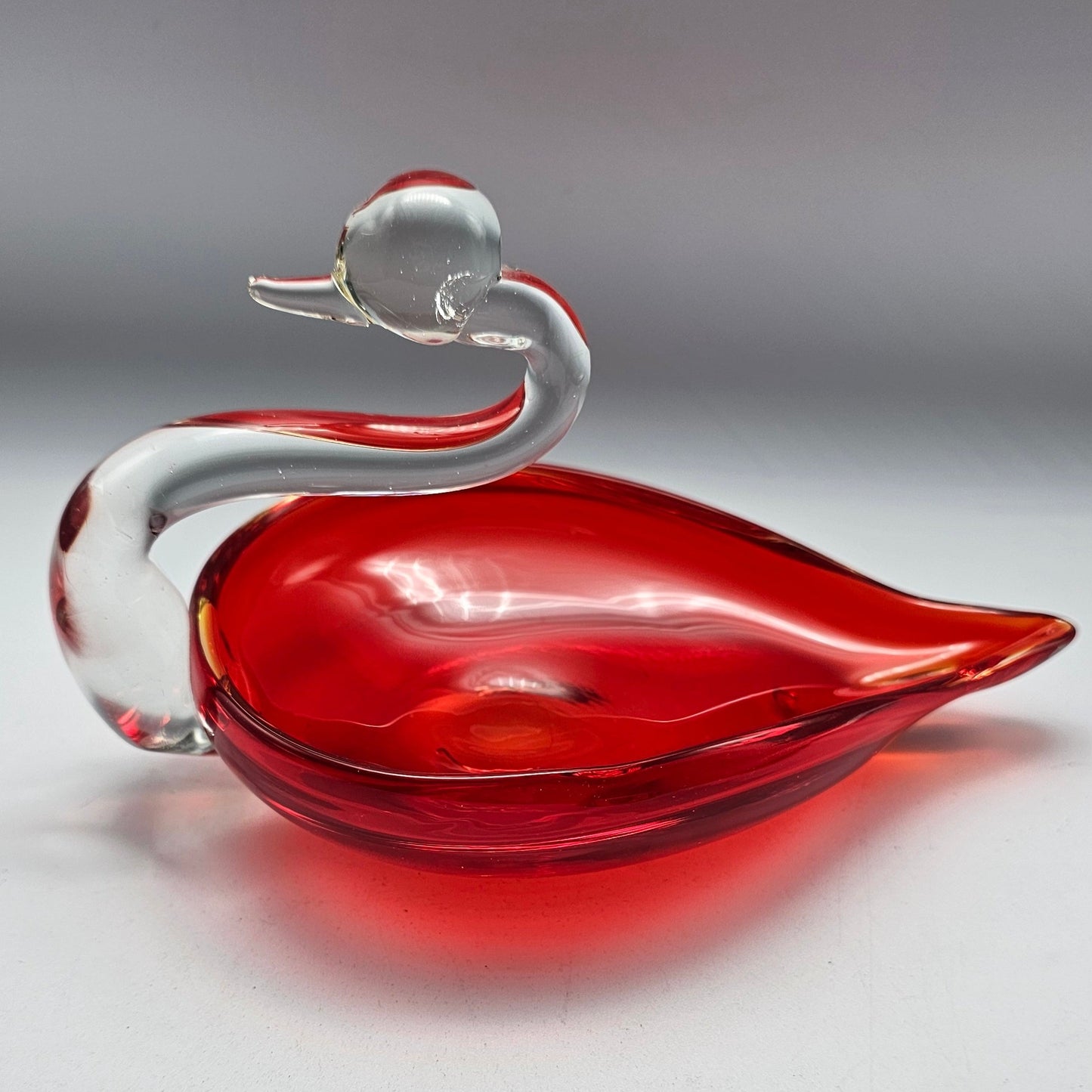 Vintage UV Reactive Amberina Red Glass Swan Dish