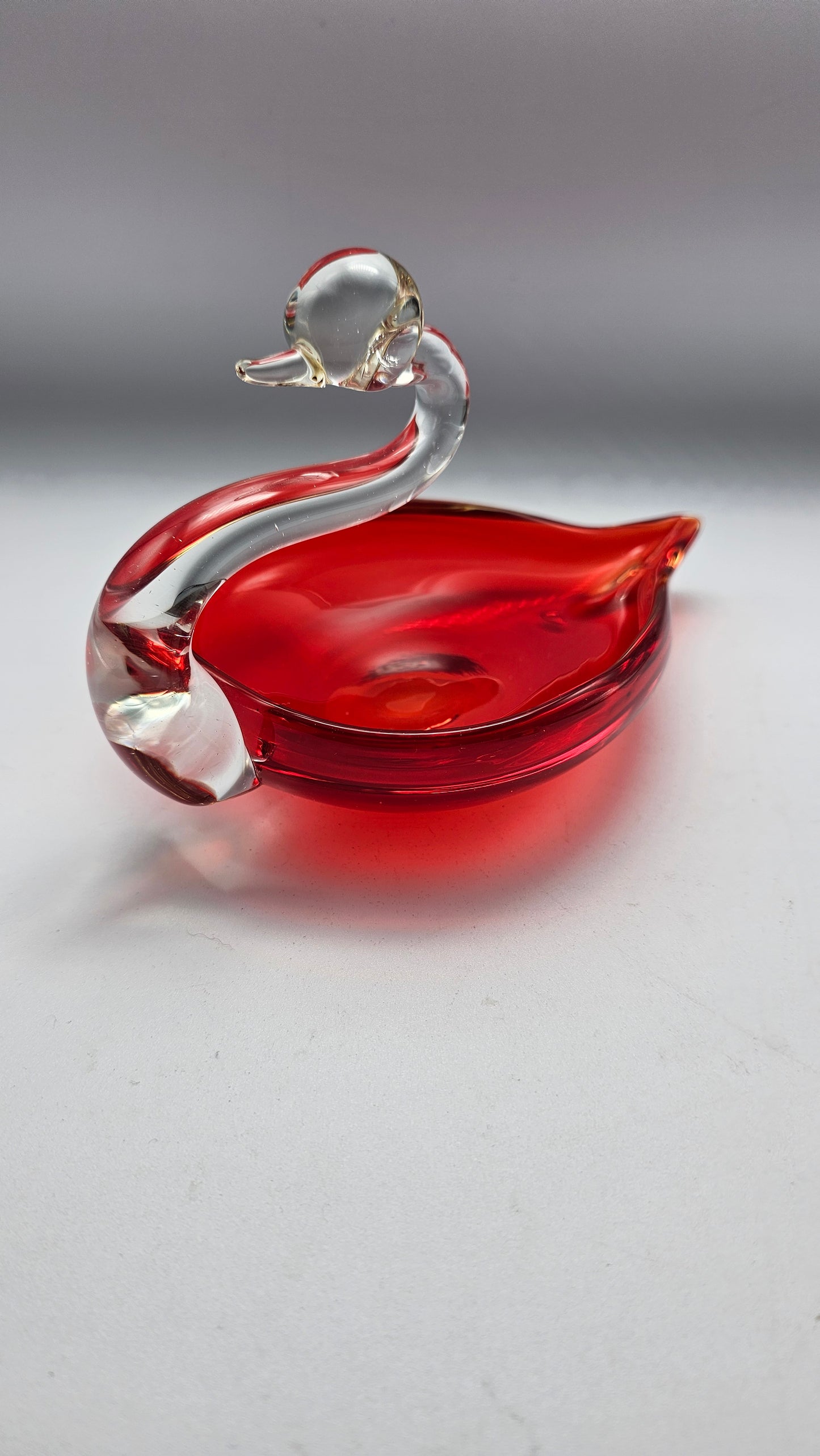 Vintage UV Reactive Amberina Red Glass Swan Dish
