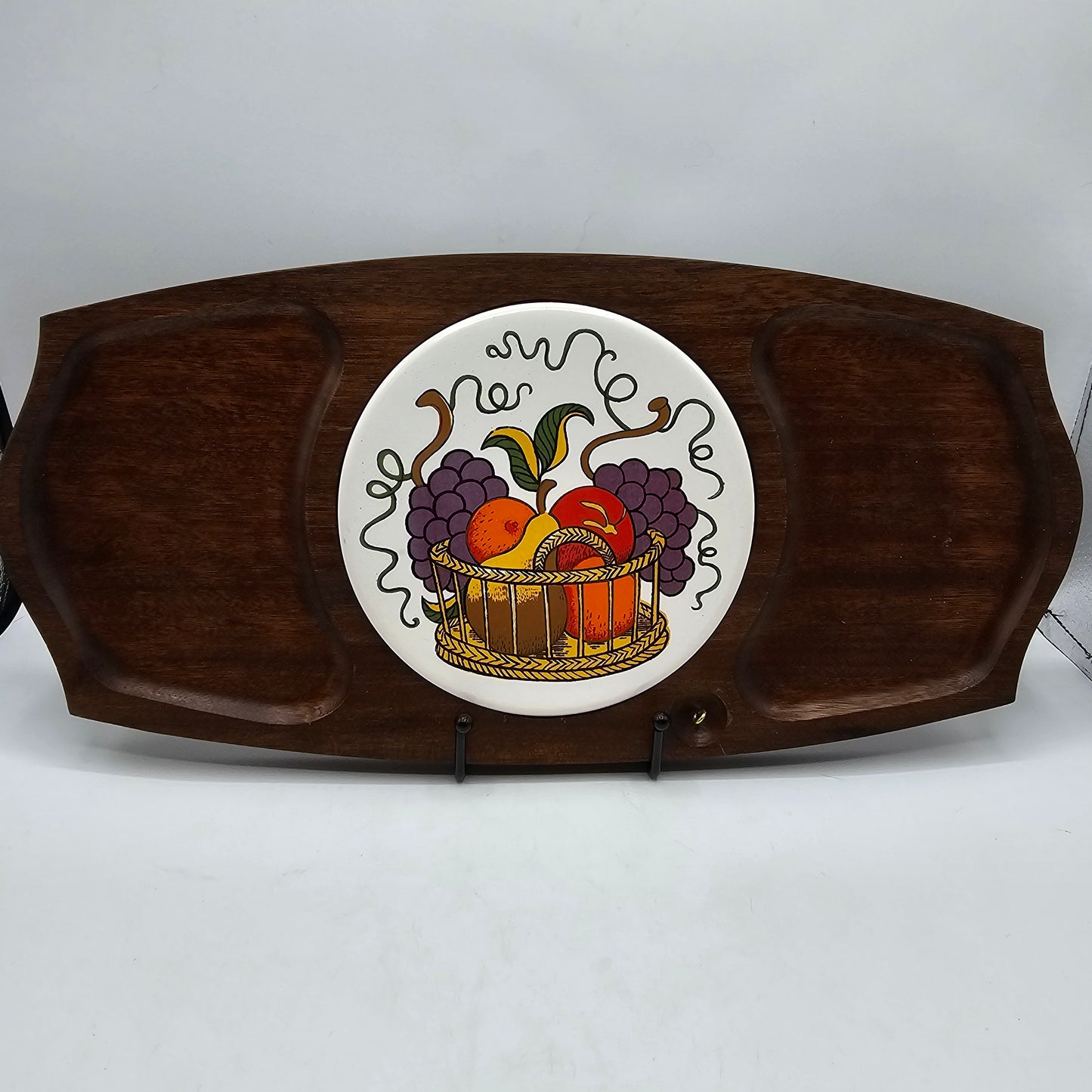 Vintage Wooden and Tile Cheese or Charcuterie Board with Fruit Basket Design ~ Gail Craft Japan