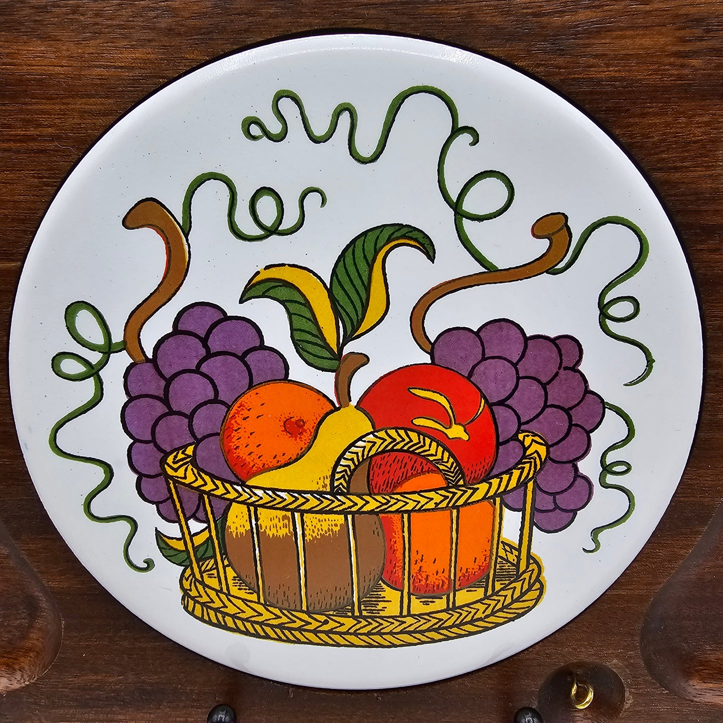 Vintage Wooden and Tile Cheese or Charcuterie Board with Fruit Basket Design ~ Gail Craft Japan