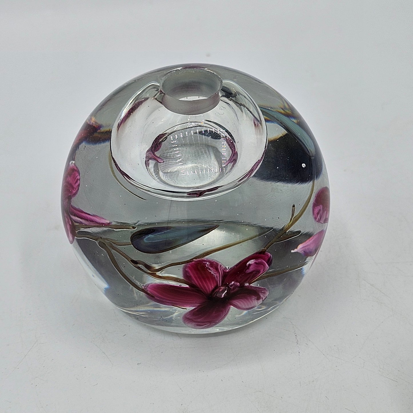 "The Glass Eye" Pink Floral Art Glass Signed Vase / Oil Lamp / Paperweight 1985 #329