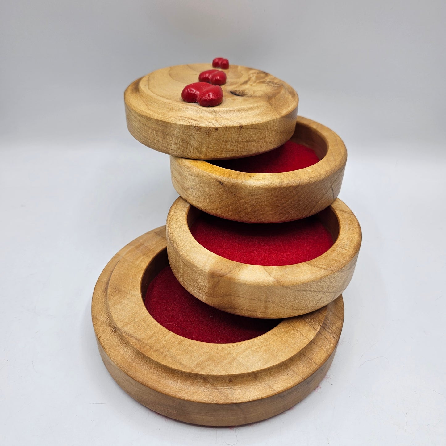 Artisan Made Tiered Wooden Jewelry Box with Red Lining and Hearts