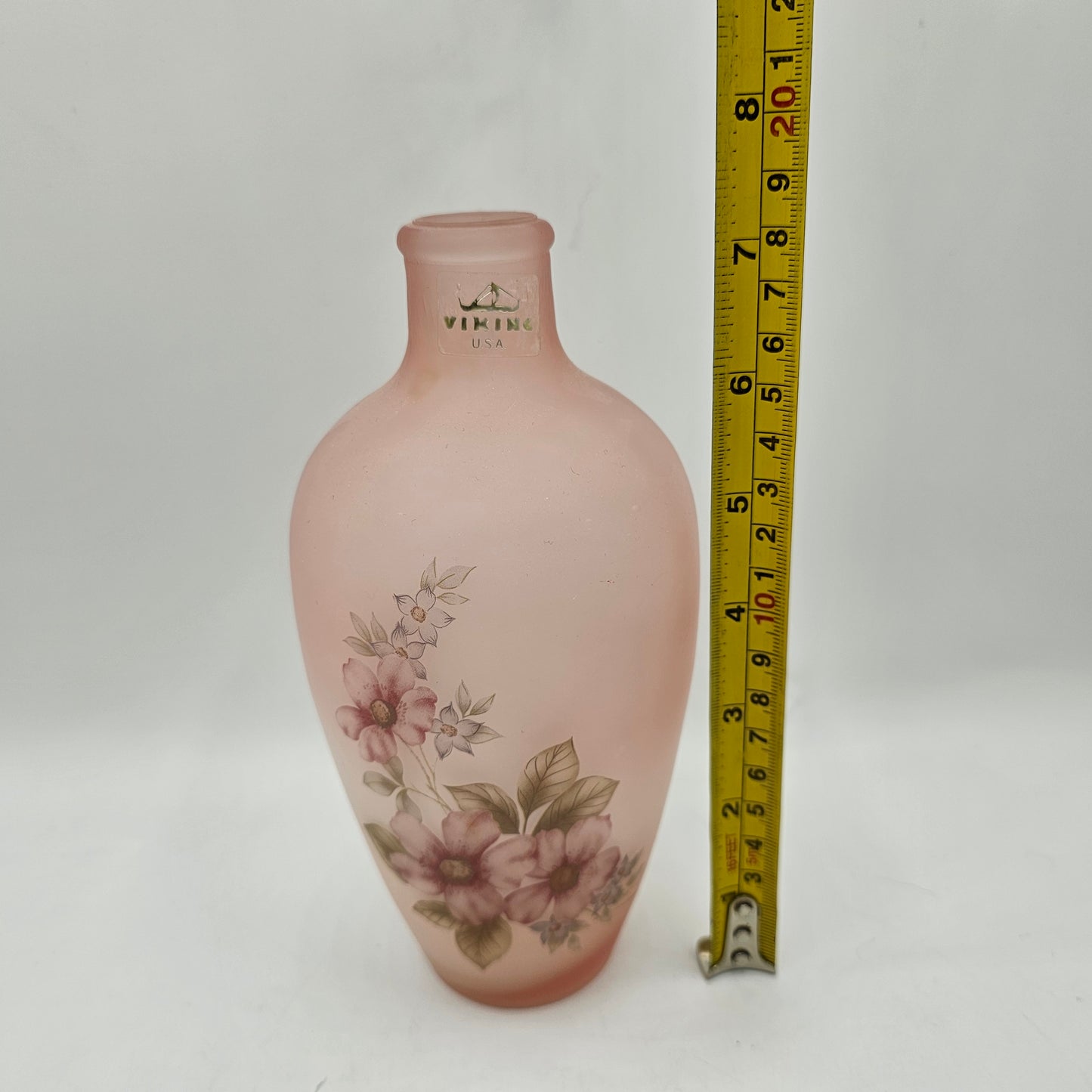 Viking USA, Pink Satin Glass Vase with Hand Painted Flowers 7" Tall