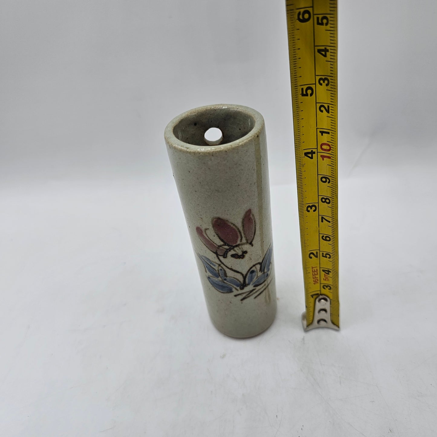 Pottery Cylindrical Wall Pocket Vase with Hand Painted Flower / Bunny