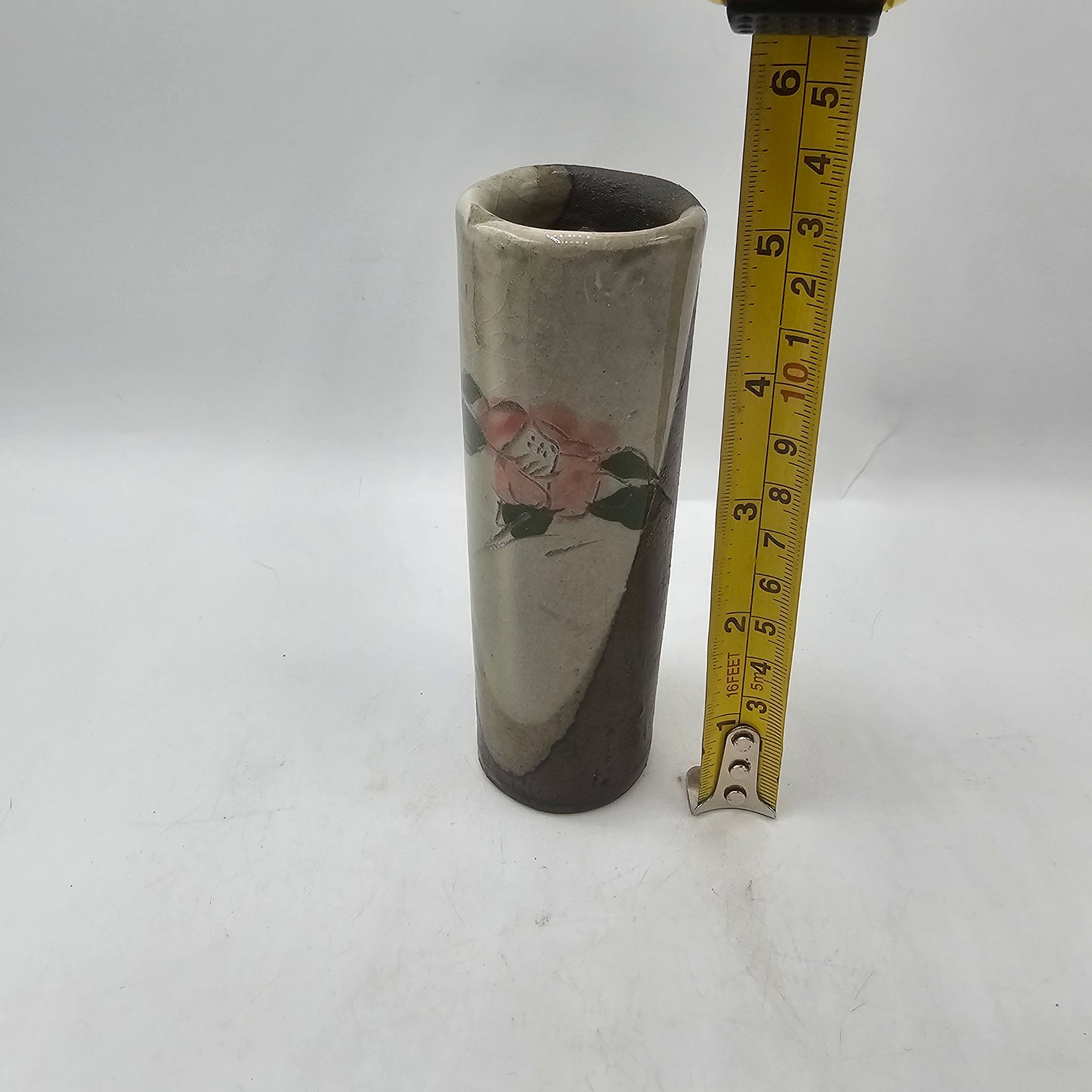 Raku Pottery Cylindrical Wall Pocket Vase with Hand Painted Rose and Natural Crazing