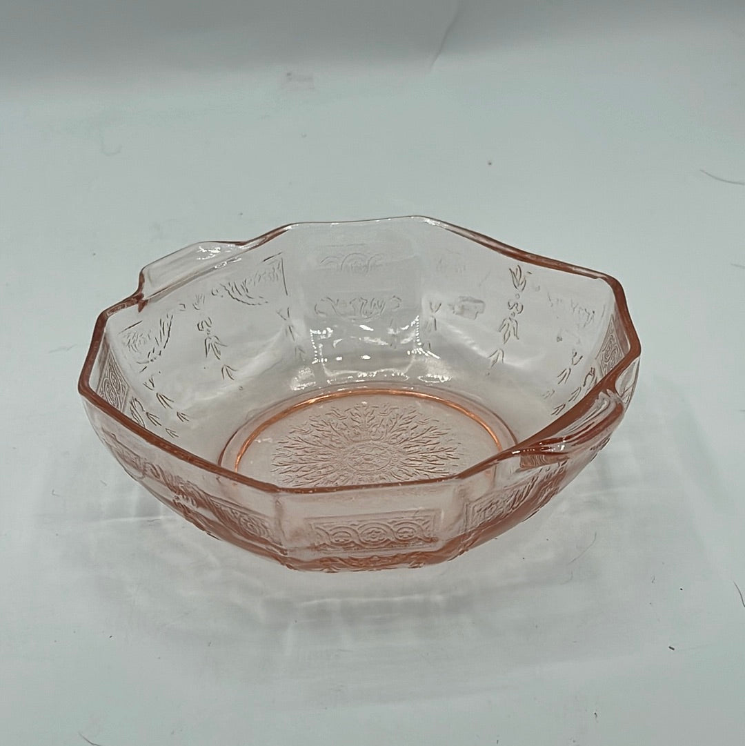 Pink Depression Glass Floral Bowl with Handles