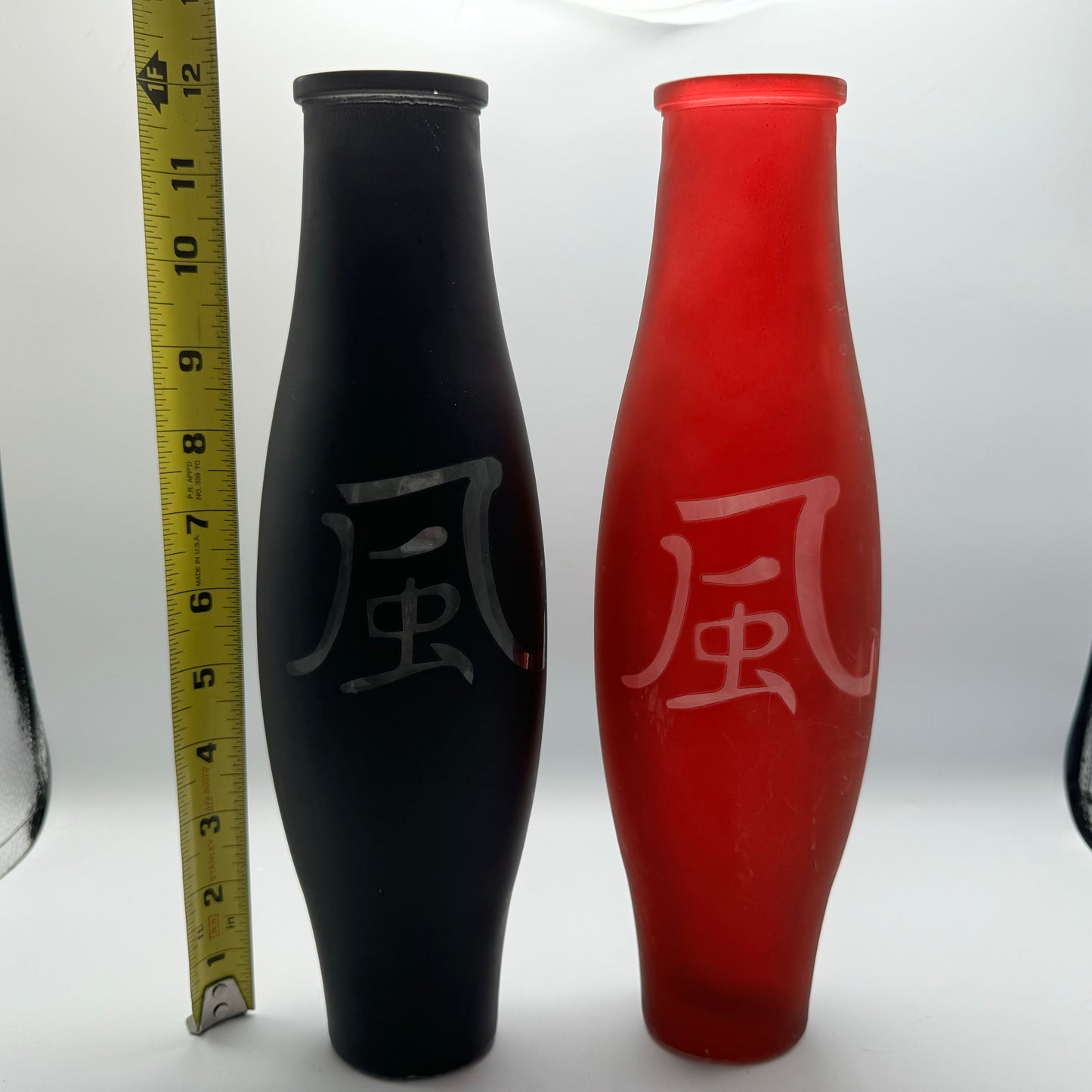 Black and Red Glass Bottle Vases With Asian Script