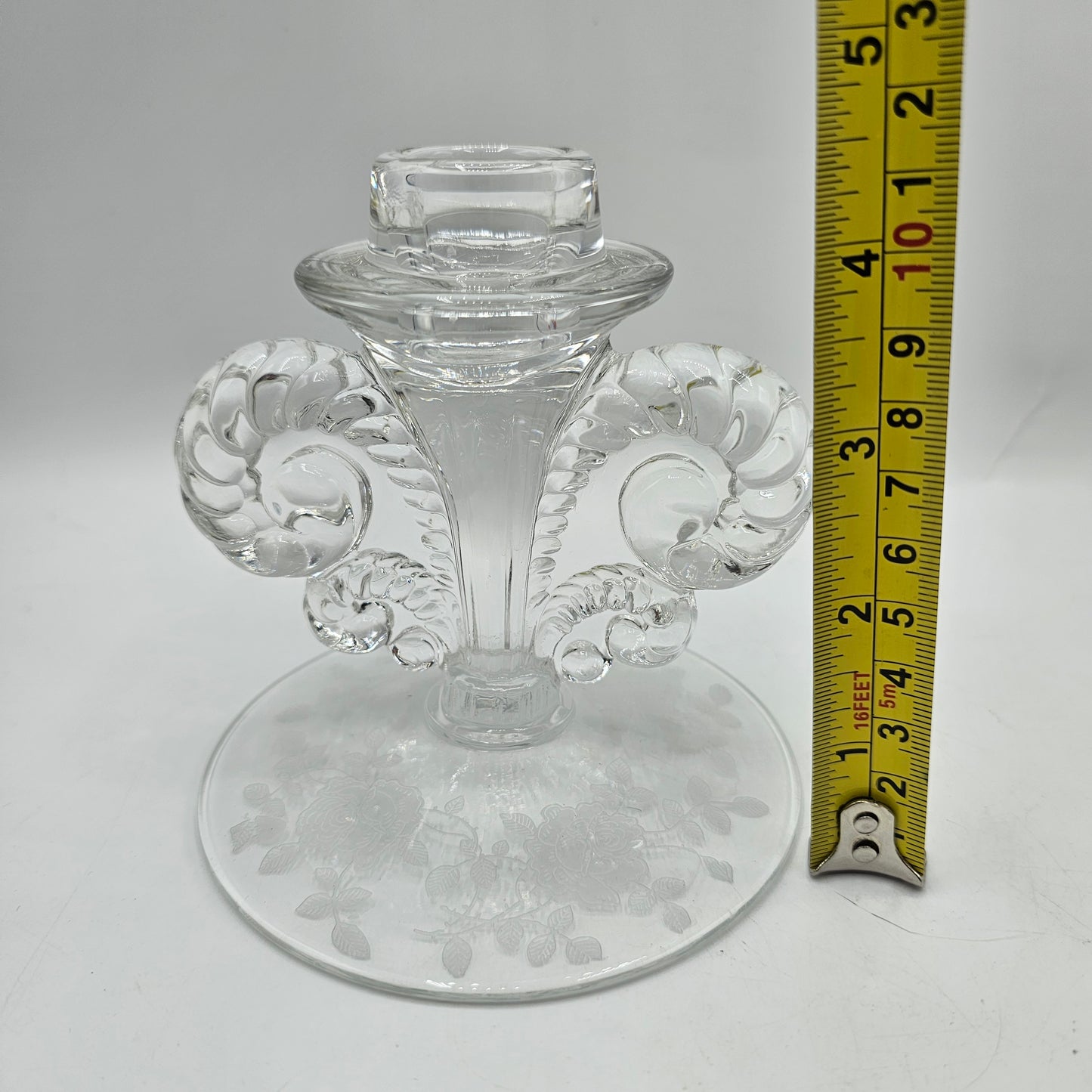 Vintage Fostoria Glass Taper Candlestick Candle Holder with Etched Roses - 4.5" tall for 1" Taper Candle