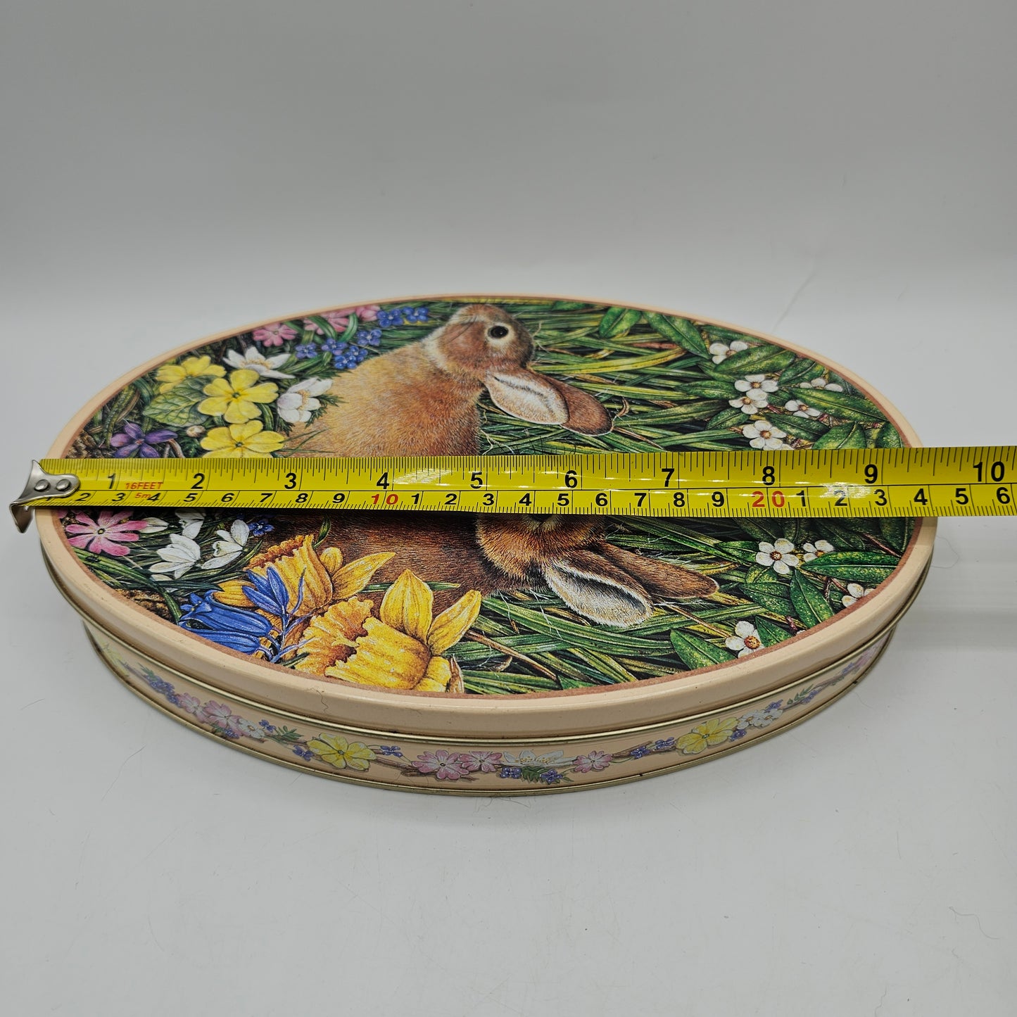 Egg Shaped Metal Tin with Bunnies and Flowers