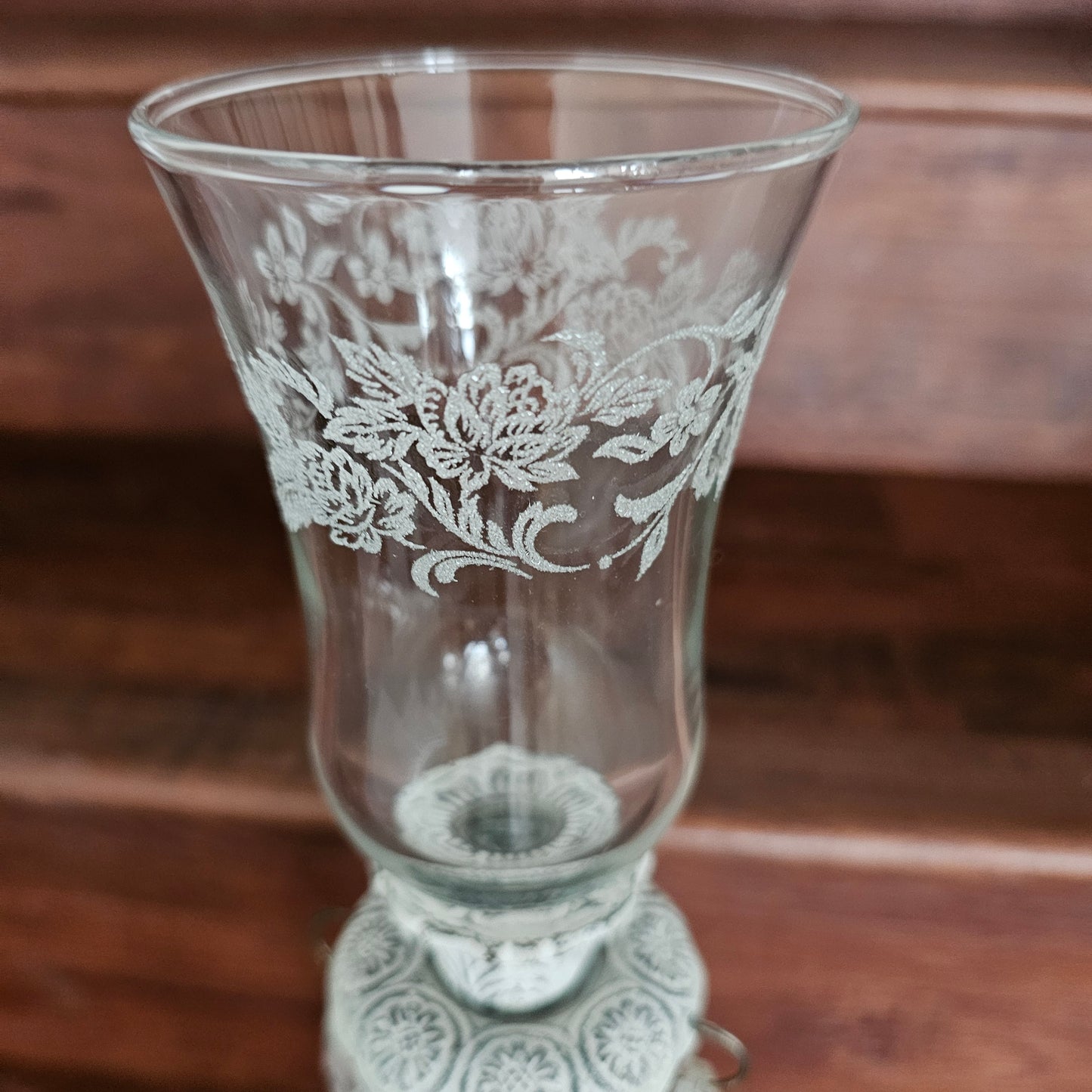 Vintage White Metal Candlestick with Glass Prisms and Etched Glass Peg Shade