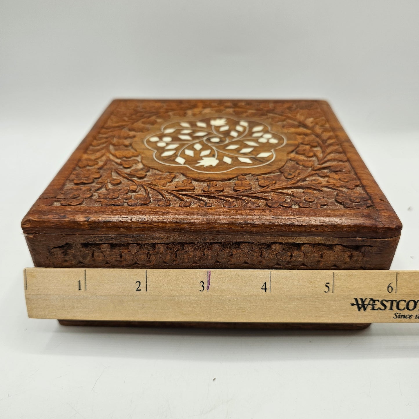 Square Hand Carved Inlaid Wooden Jewelry Box with Hinged Lid