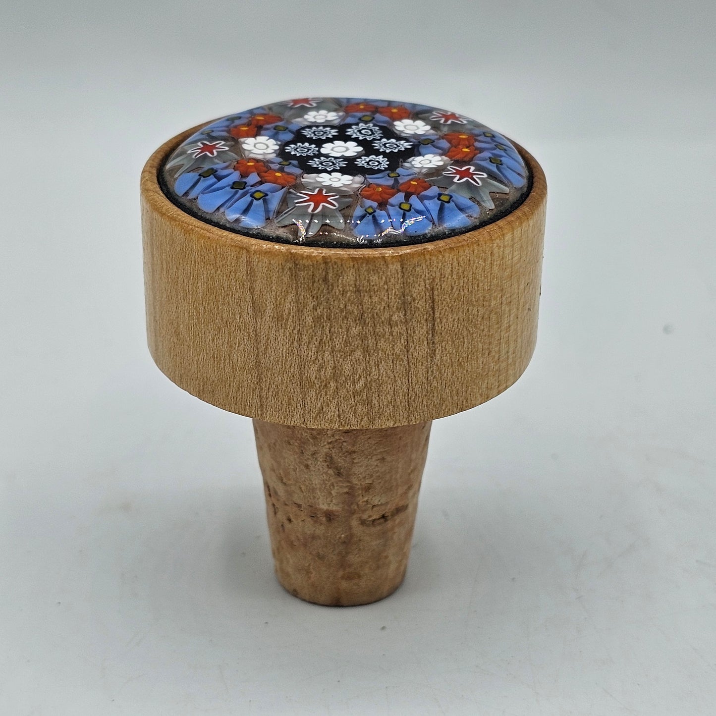 Mille Fiore Glass Wine Bottle Stopper Cased in Wood Frame