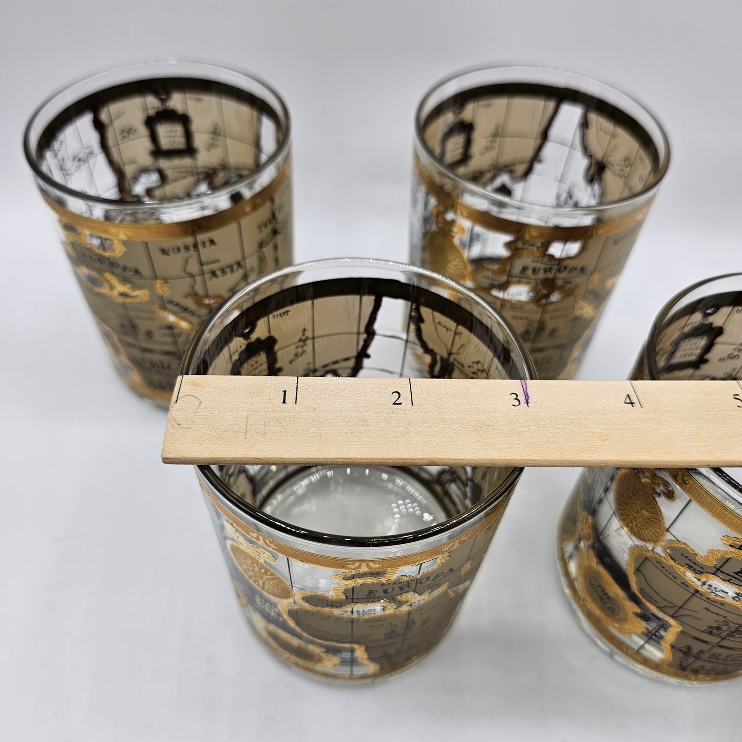 Vintage Cera Old World Globe Map Lowball Whiskey Glasses Tumblers with Applied Gold Design - Set of 4