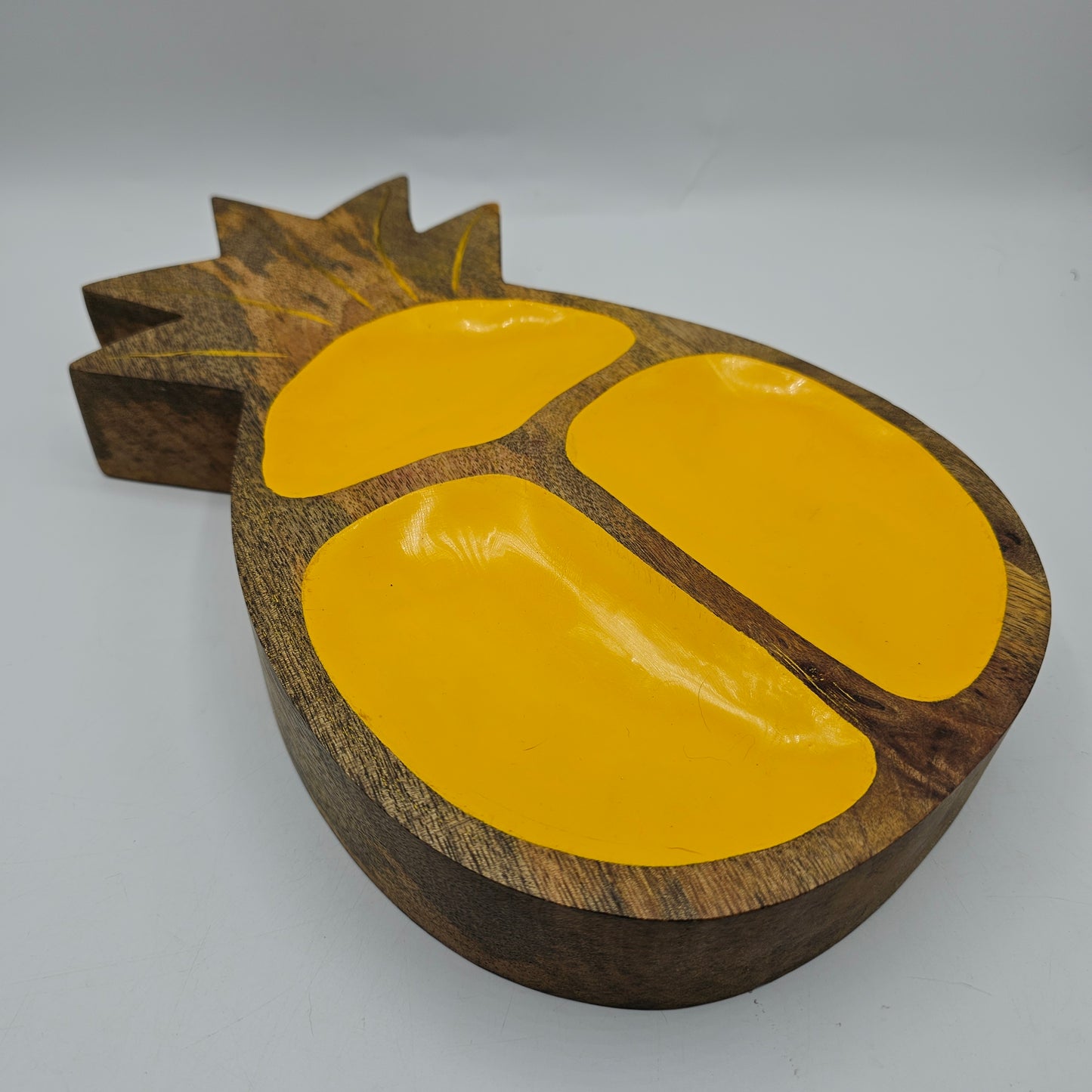 Wooden Pineapple Trinket or Candy Tray with Enameled Yellow Indents