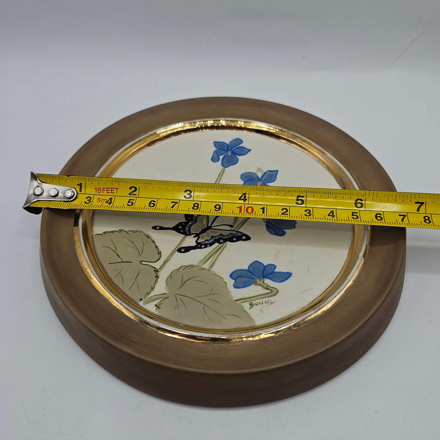 Vintage Alberta's Molds Ceramic Hand Painted Plaque with Butterflies, Blue Flowers and Gold Trim 1982