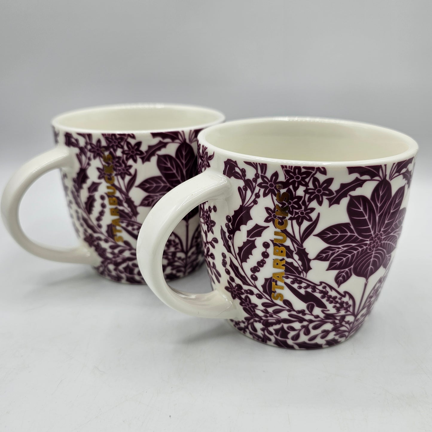 Starbucks Poinsettia Holly Berry and Mistletoe Christmas Tea Cup Style Mug White with Burgundy Floral Pattern - Set of 2