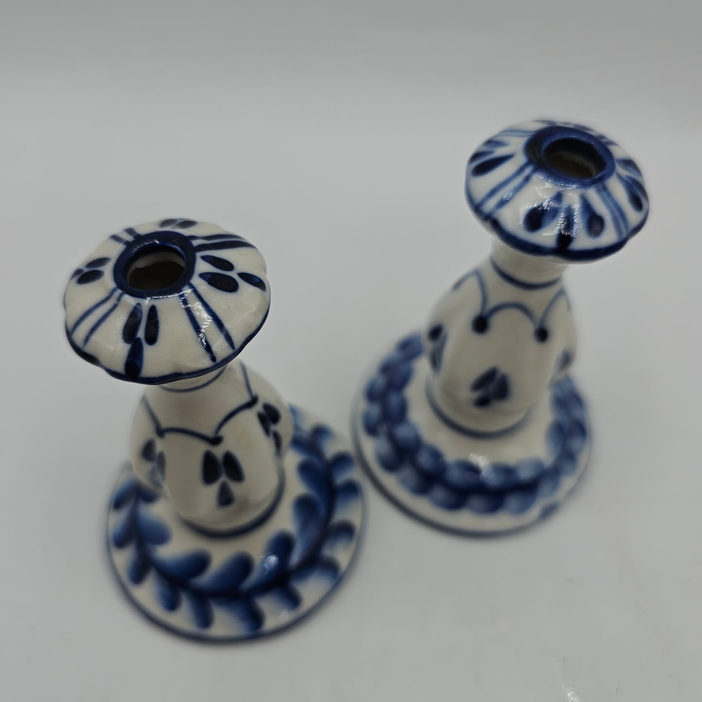 Vintage Blue and White Russian Gzhel Porcelain Thin Taper Candle Holders