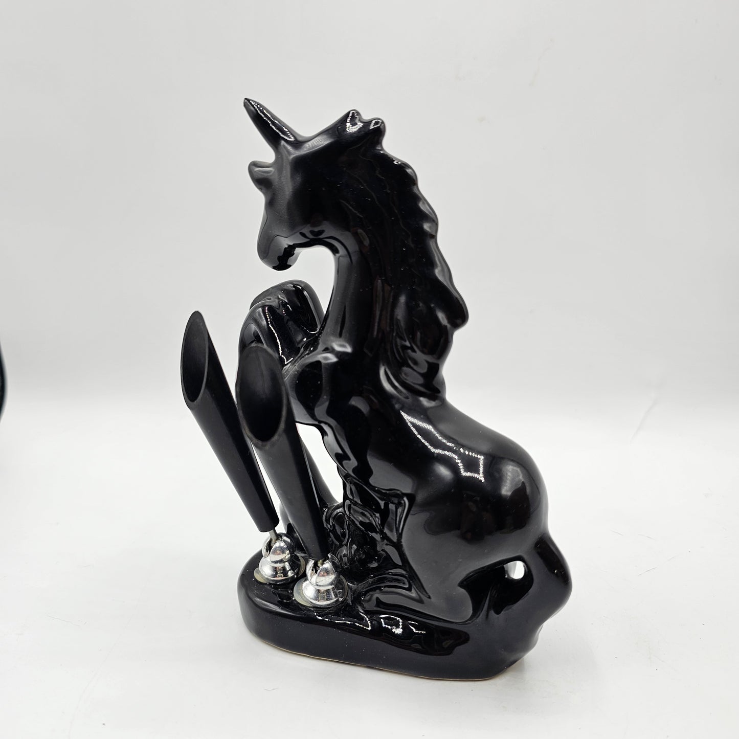 Vintage Glossy Black Ceramic Horse 2 Pen Holder / Desk Accessory