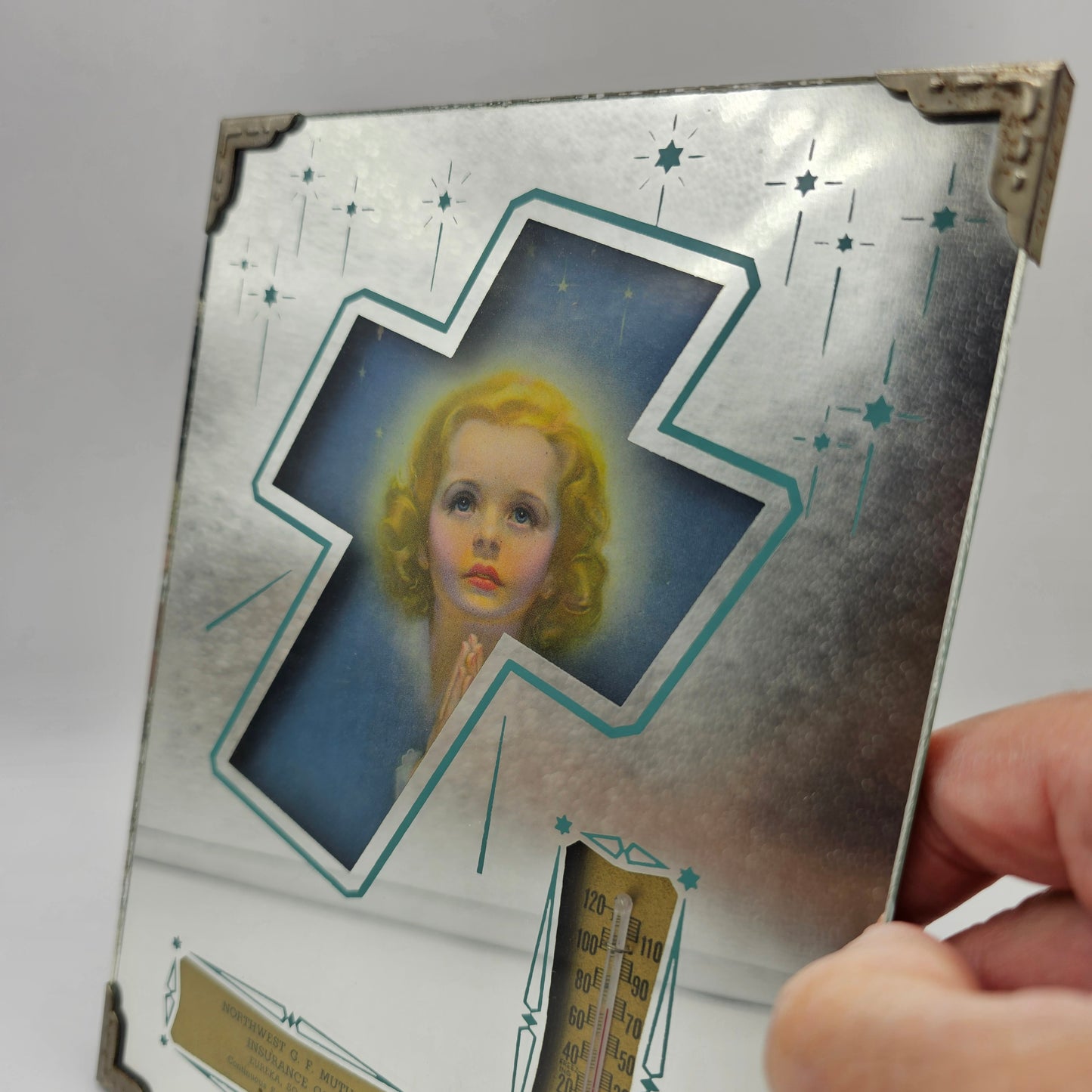 Rare Praying Girl Cross Mirrored Advertising Thermometer Northwest Mutual Insurance Co, Eureka South Dakota
