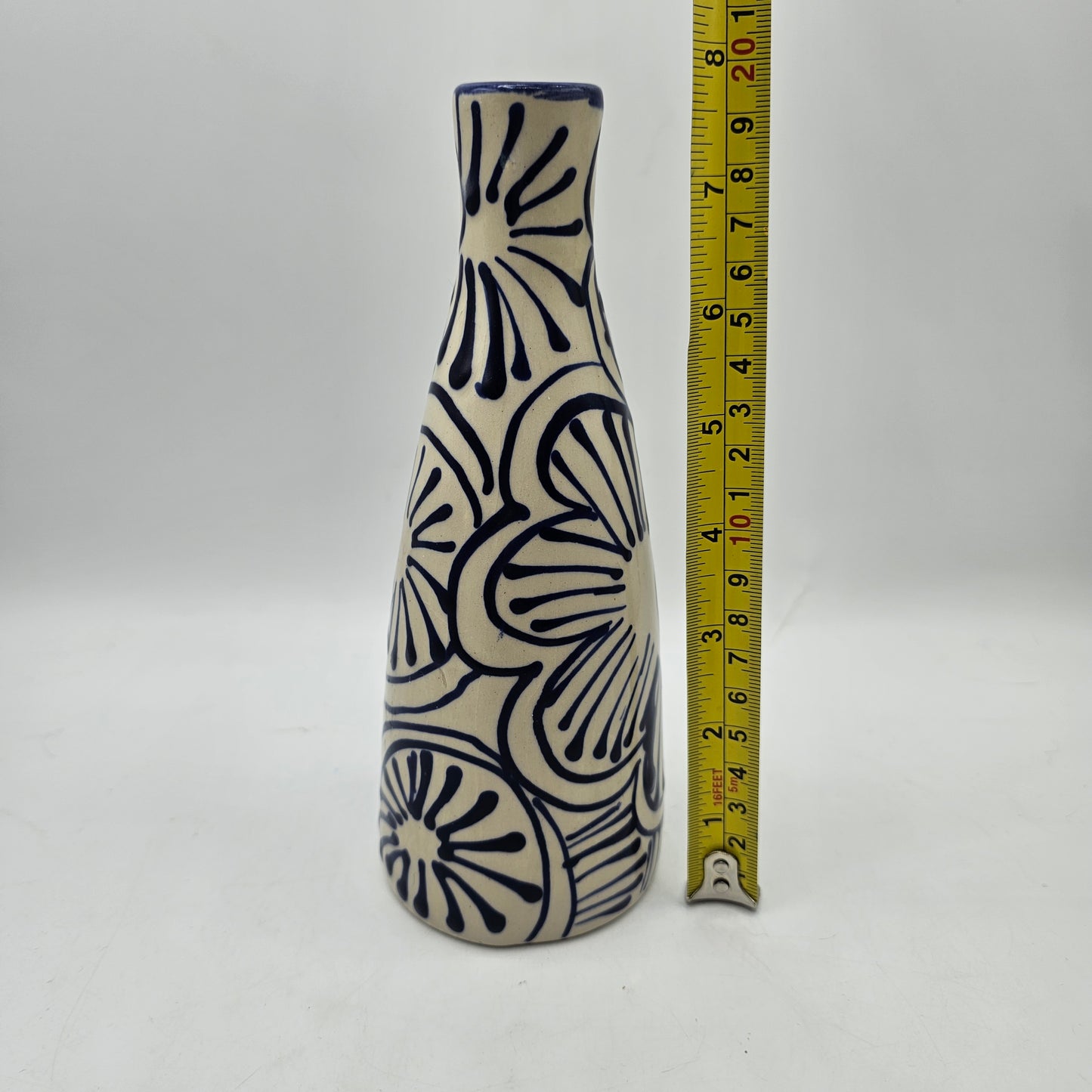 Spanish Hand Painted Pottery Blue and White Floral Bud Vase