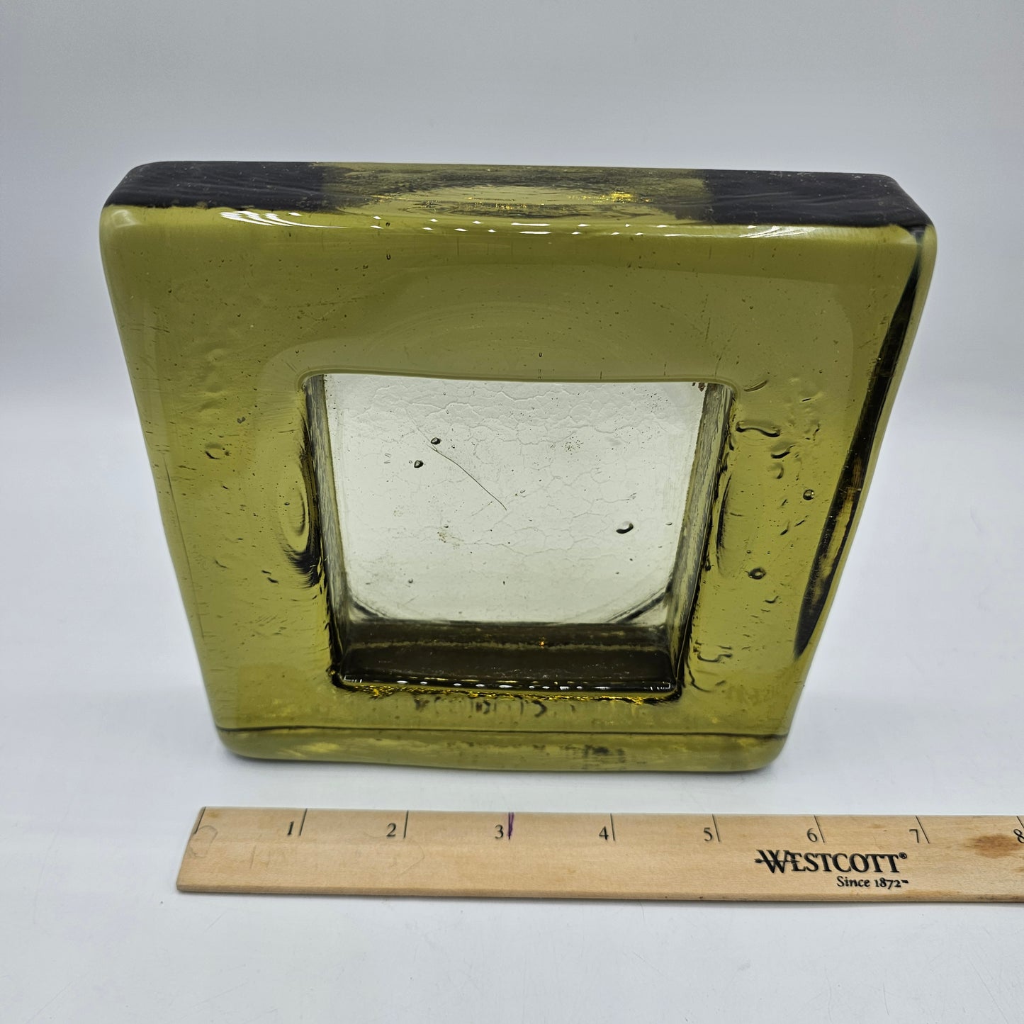Vintage Green Glass Candle Holder - 6" square for 3" candle