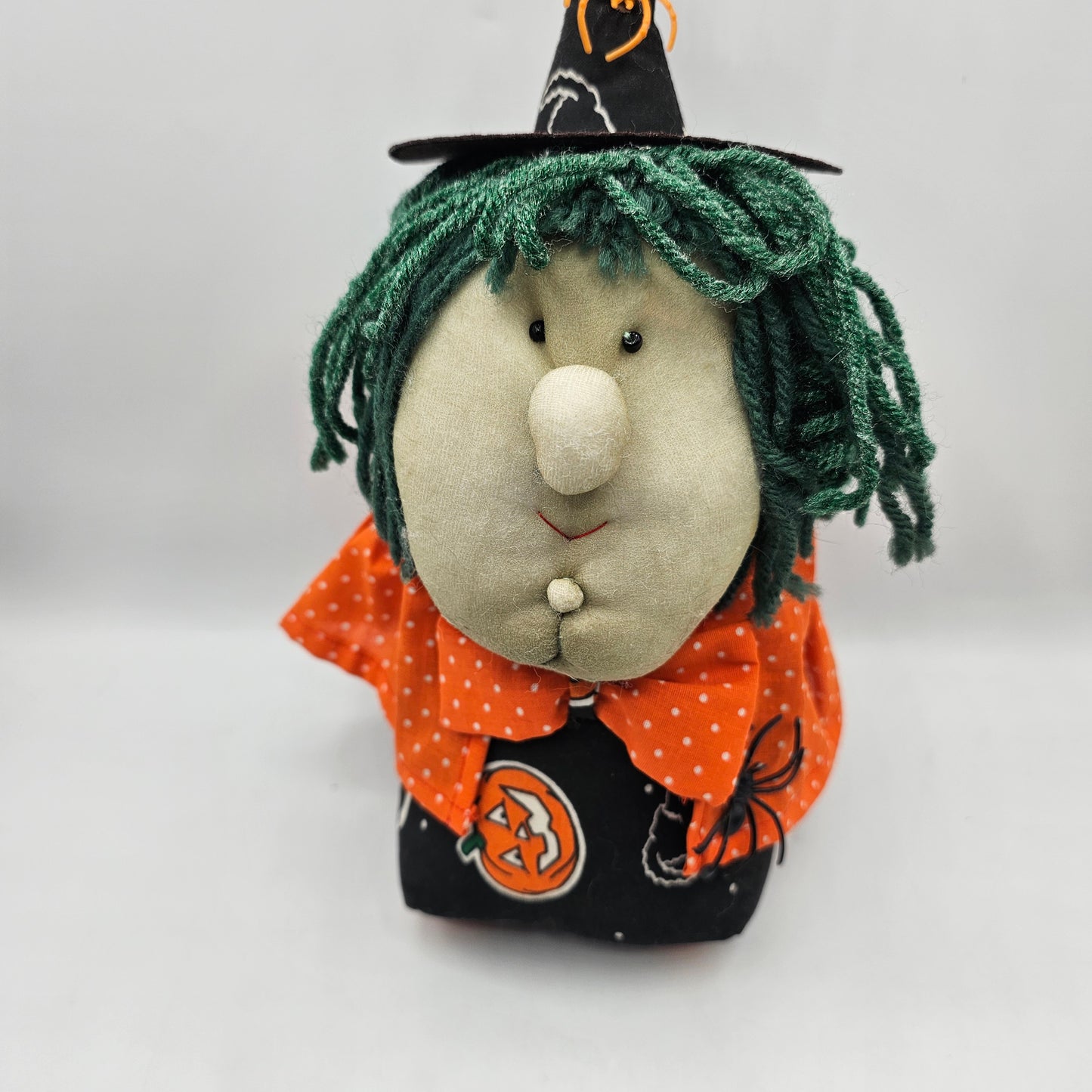 Handmade Plush Witch with Orange Cape and Green String Hair