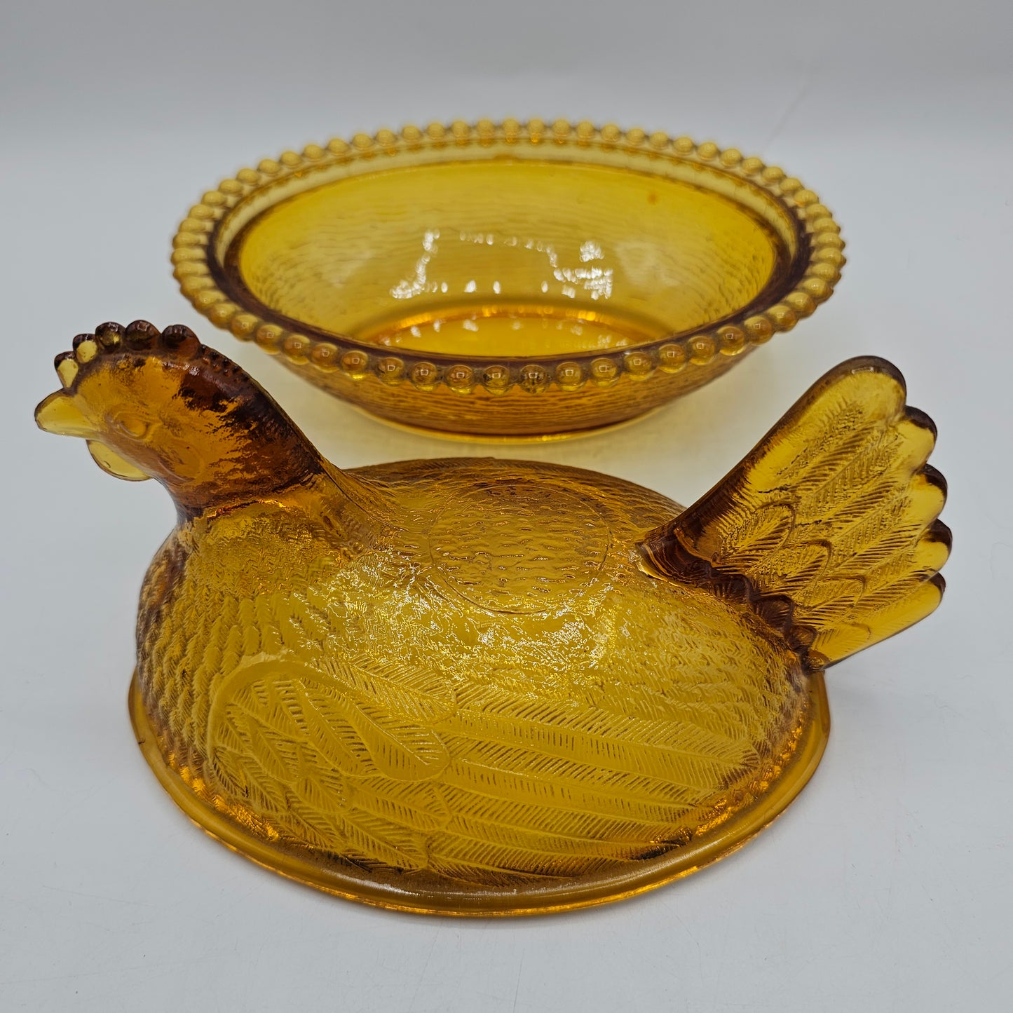 Vintage Amber Glass Chicken on Nest Trinket Box