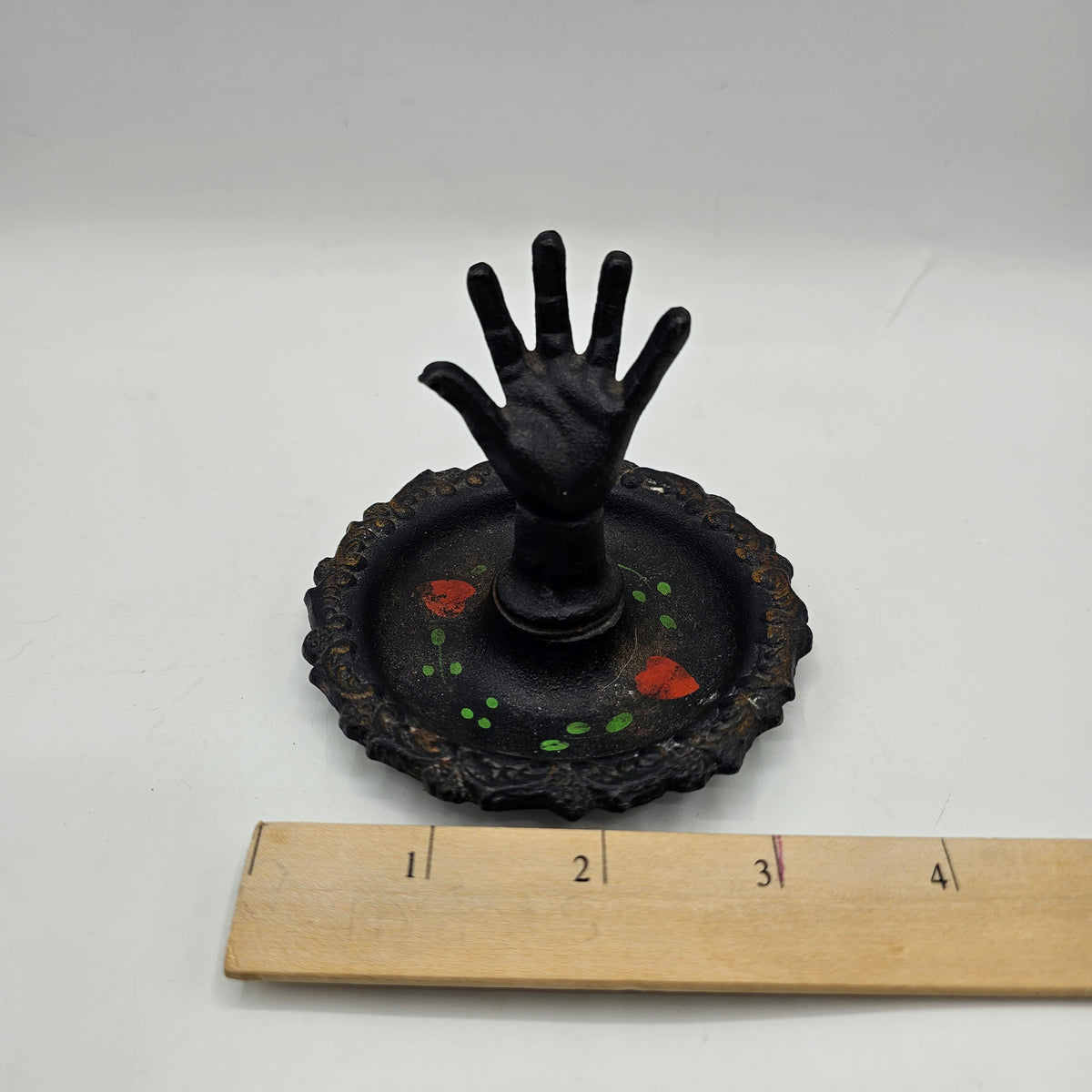 Vintage Wilton Black Hand Cast Iron Ring Trinket Jewelry Dish Hand Painted with Flowers