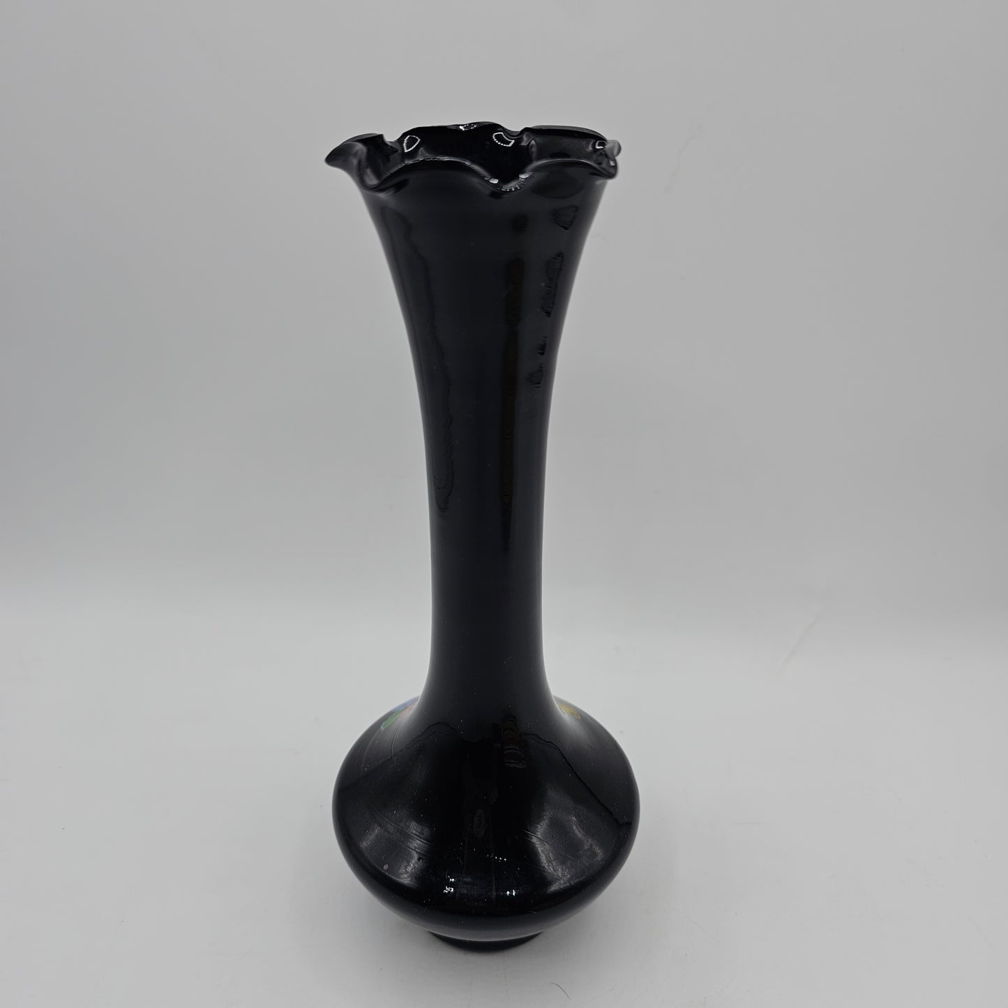 Vintage Ruffle Top Black Glass Bud Vase with Transferware Flower Design - 8" tall