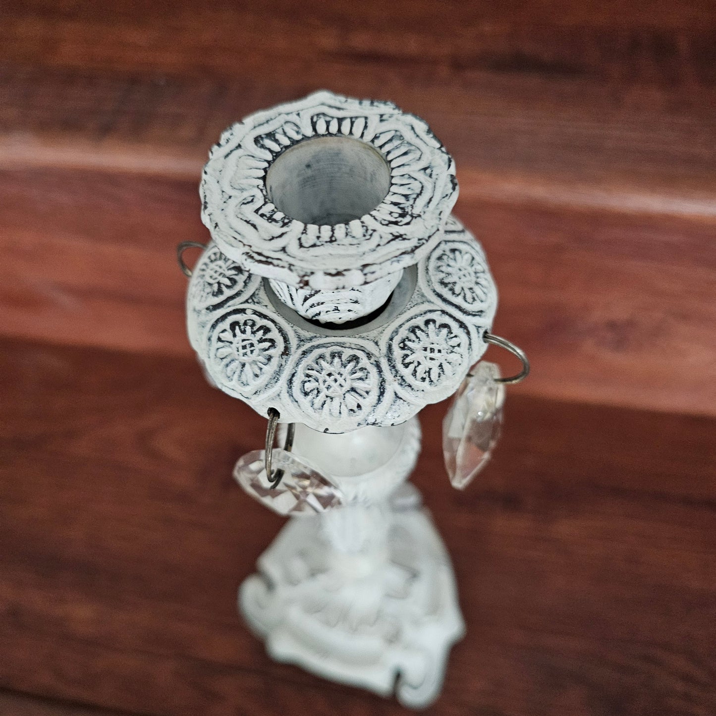 Vintage White Metal Candlestick with Glass Prisms and Etched Glass Peg Shade