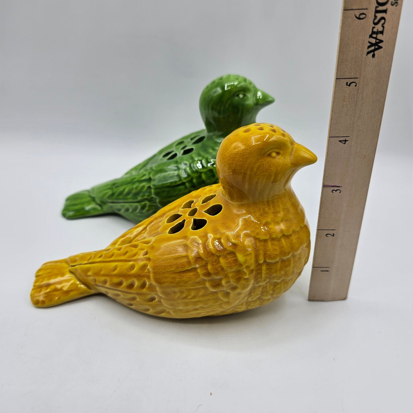 Vintage Yellow and Green Ceramic Flower Frog Birds - Made in Italy