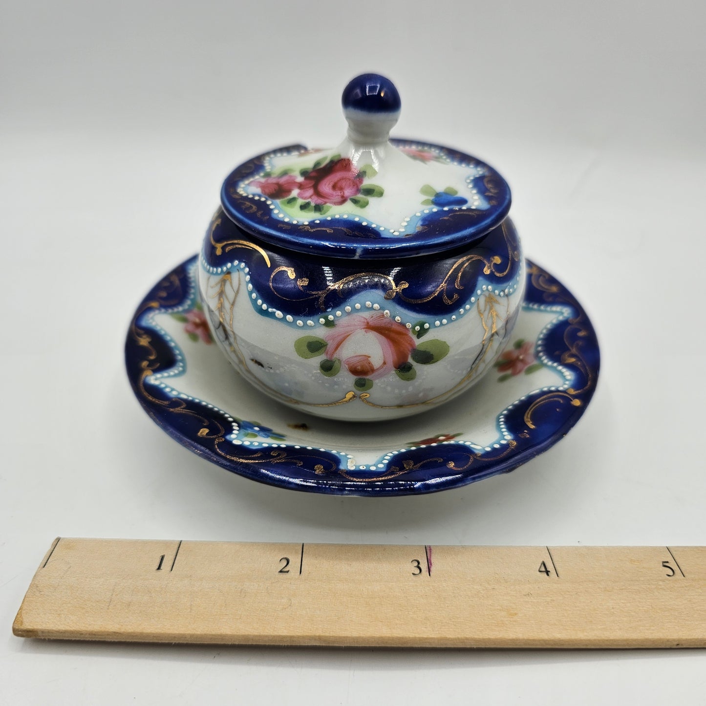 Vintage Japanese Moriage Lidded Jelly Bowl with attached Saucer
