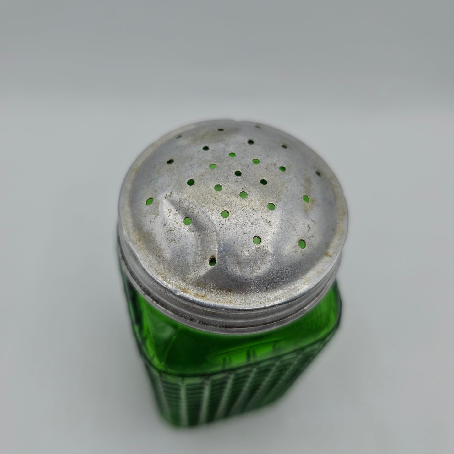 Vintage Owens Illinois Green Glass Waffle Pattern Salt Shaker (Damage to top)