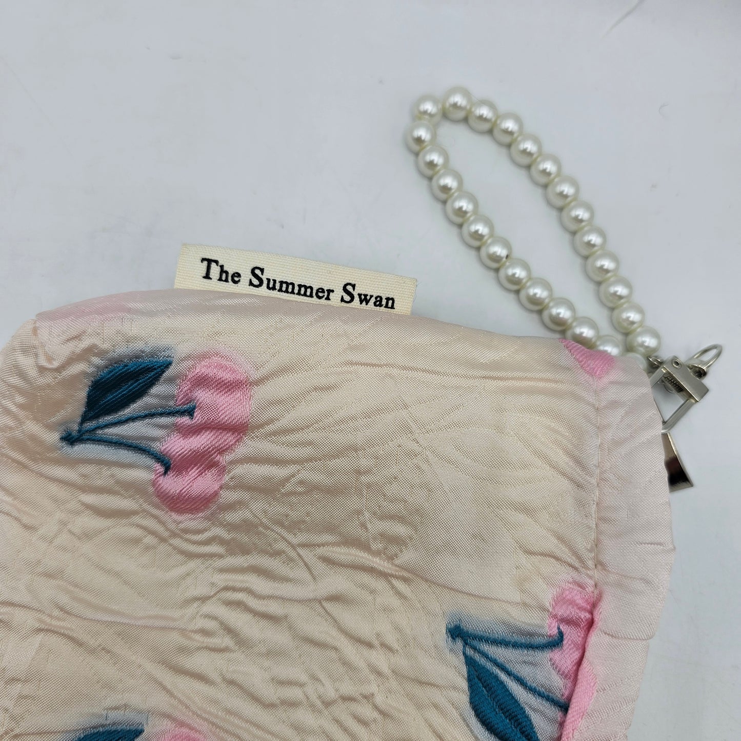 The Summer Swan Pink Zip Up Wristlet Purse / Make Up Bag with Cherries and Faux Pearl Pull Handle