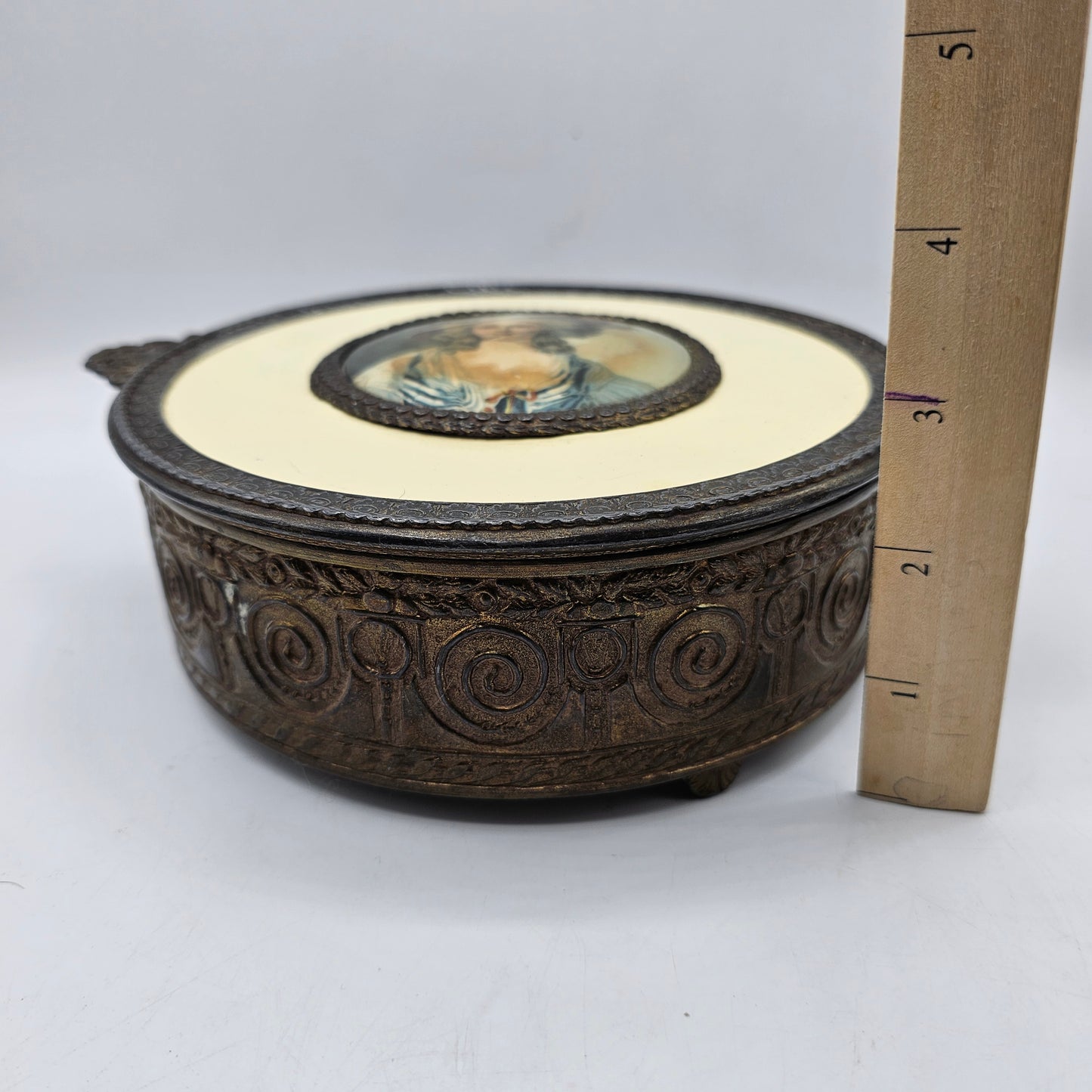 Antique Victorian Vanity Dresser Lidded Footed Metal Box with Celluloid Top and Divided Glass Insert - damage noted