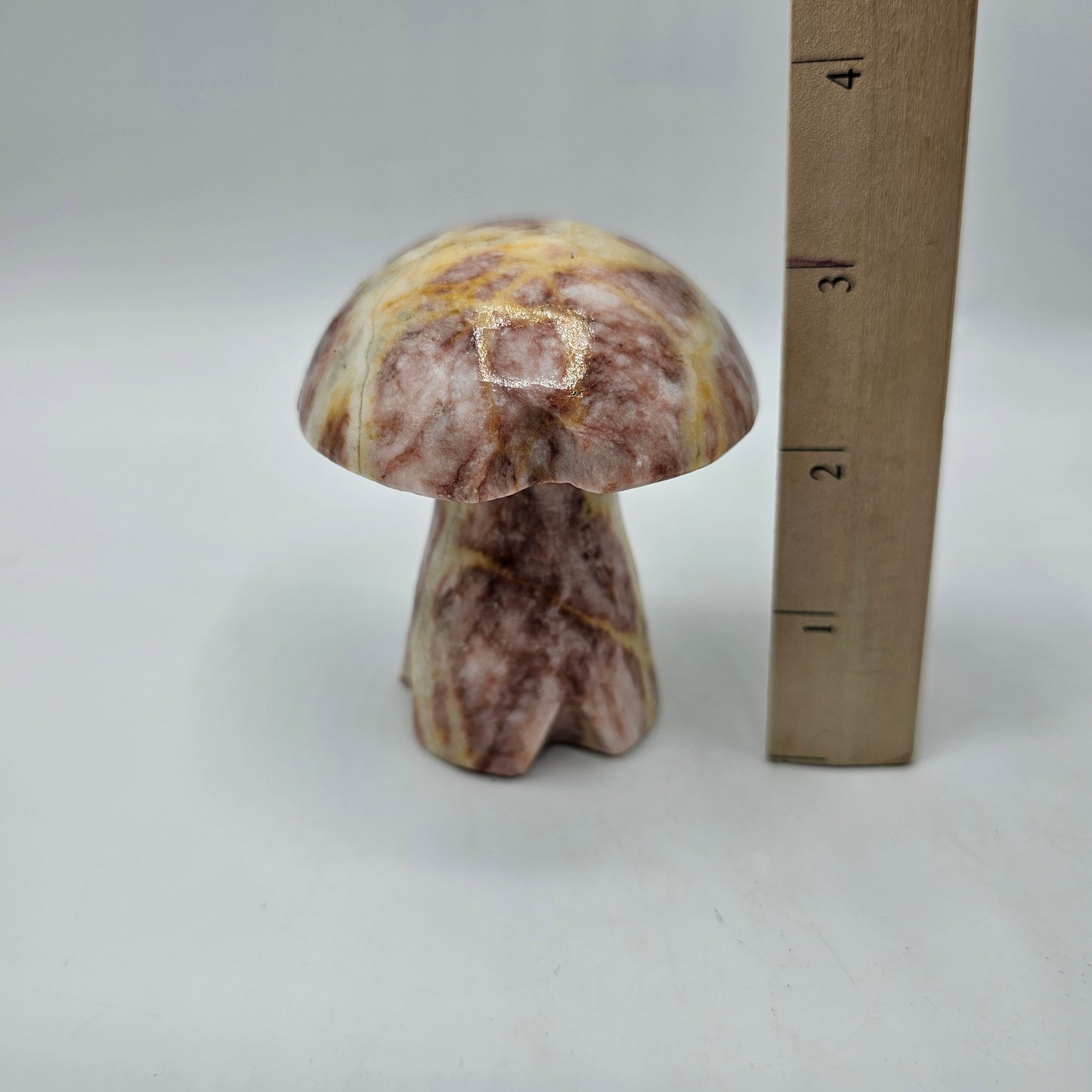 Pink and Yellow Carved Stone Mushroom Figurine