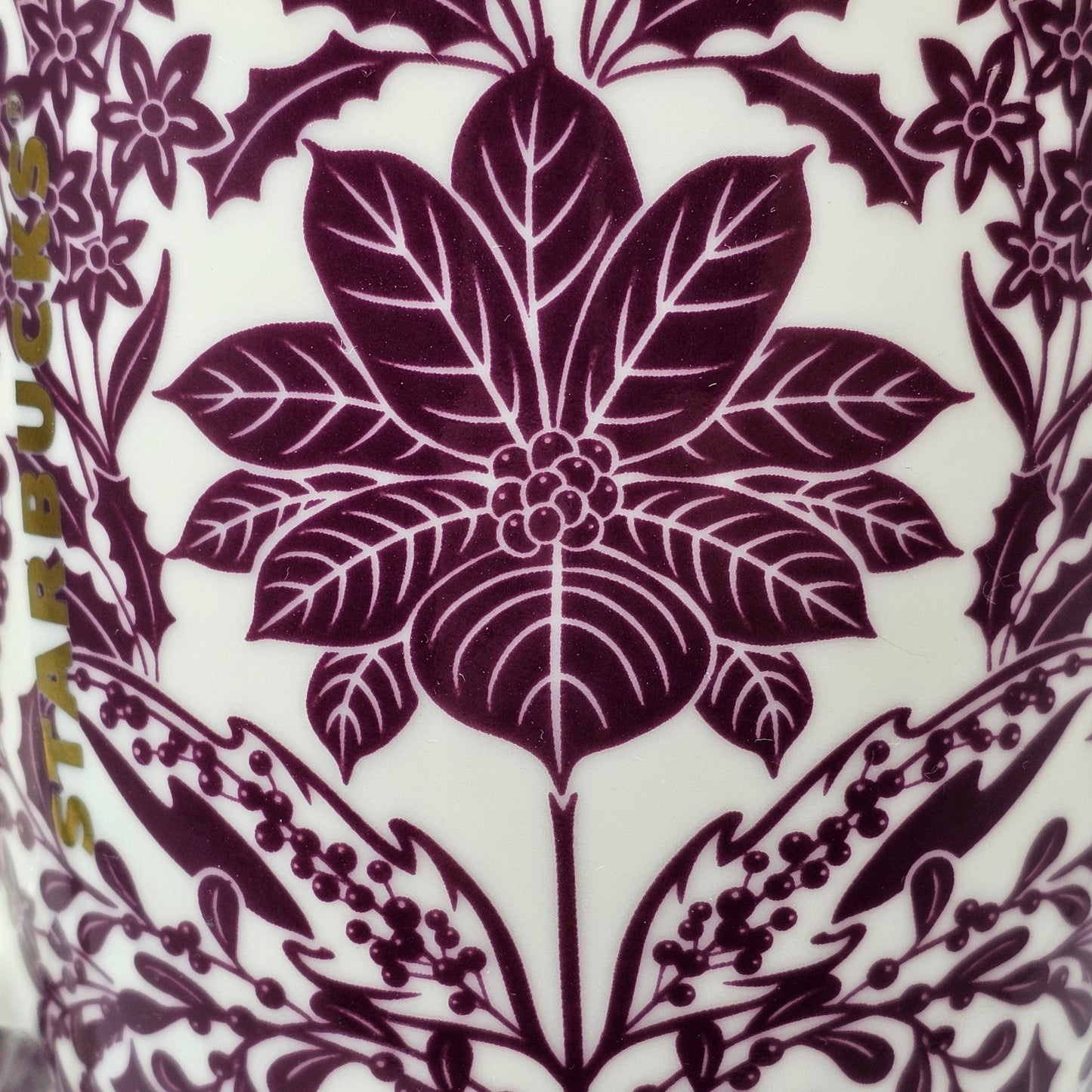 Starbucks Poinsettia Holly Berry and Mistletoe Christmas Tea Cup Style Mug White with Burgundy Floral Pattern - Set of 2