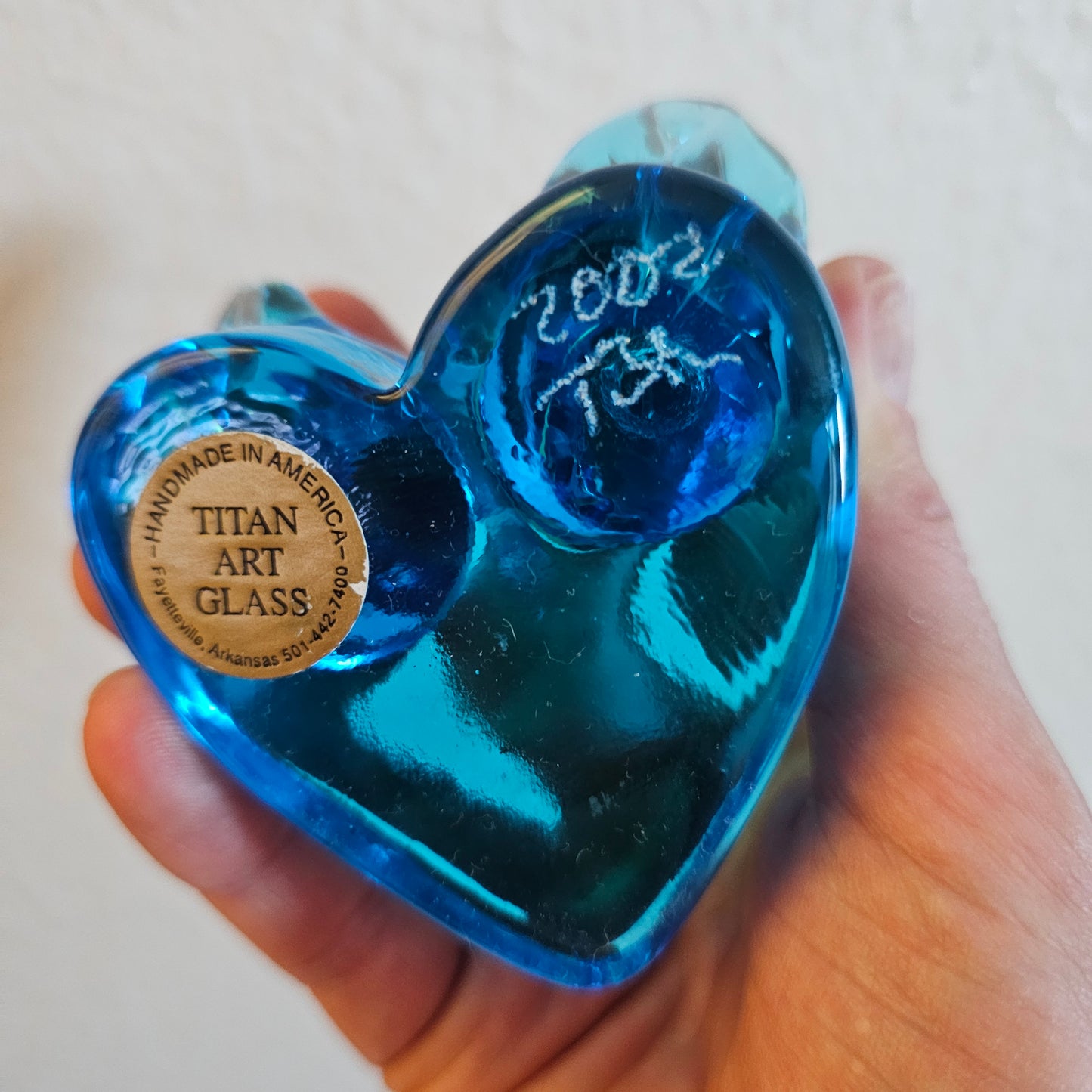 Titan Art Glass Bluebirds of Happiness Pair on Heart - Signed Titan 2002
