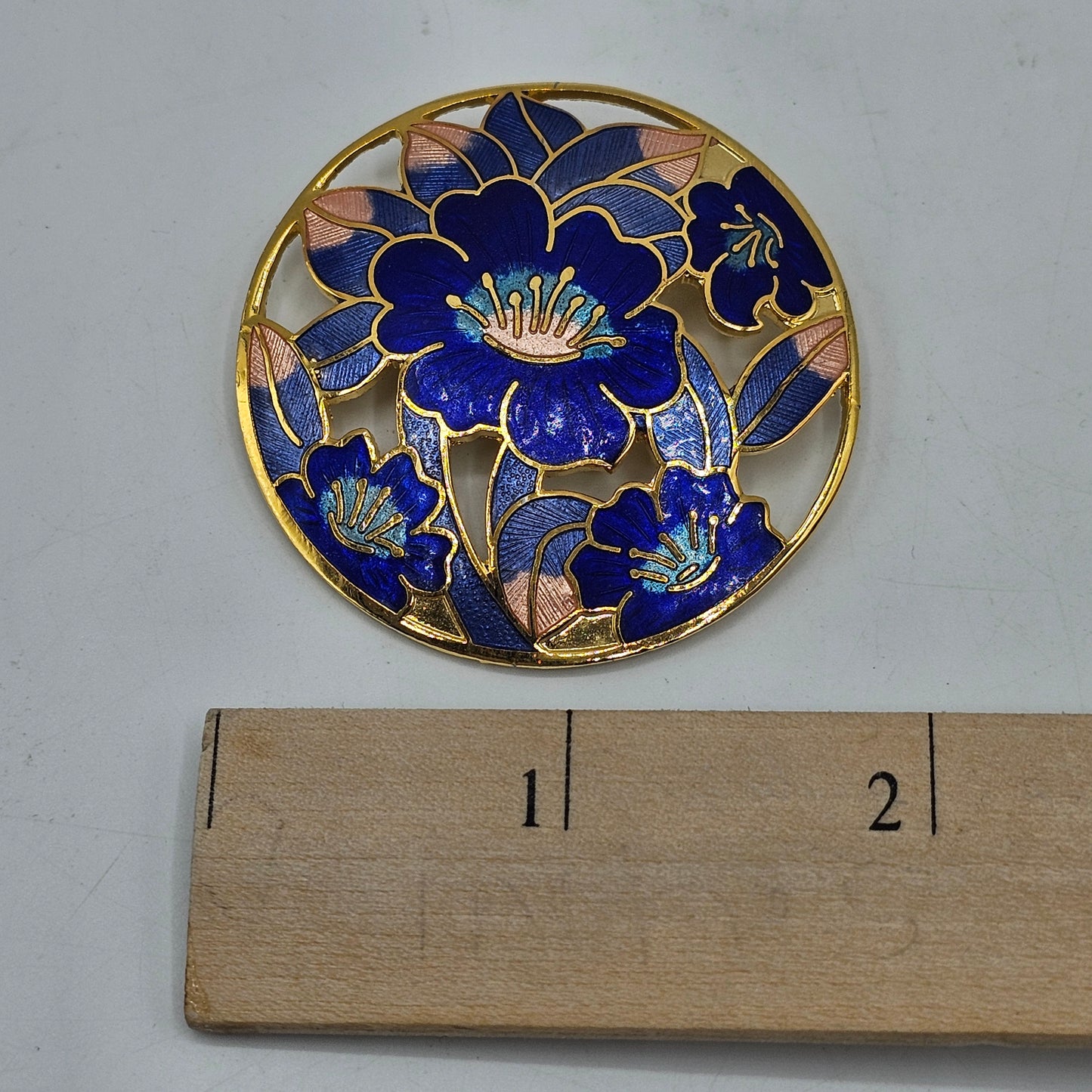 Round Enamel Brooch Pin - Blue and Gold with Flowers