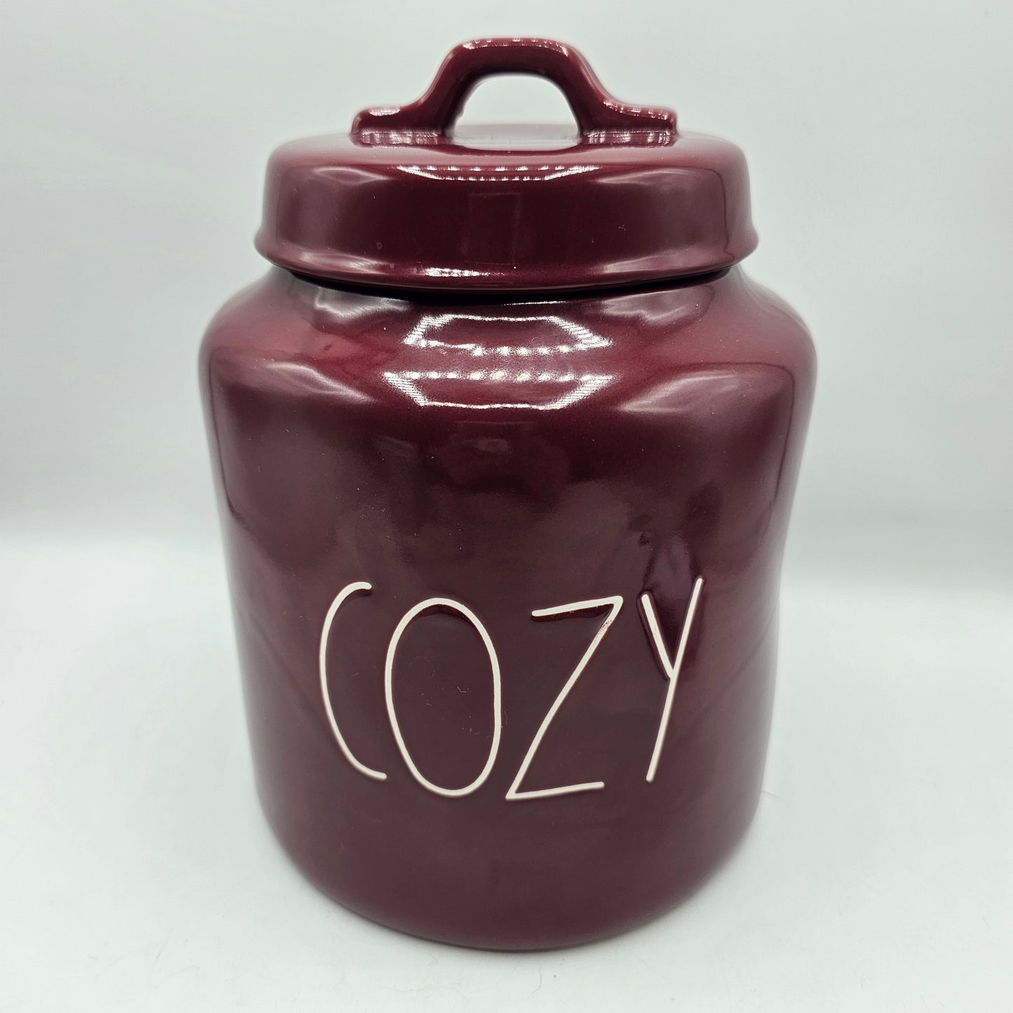 Rae Dunn Burgundy Ceramic Lidded "Cozy" Canister