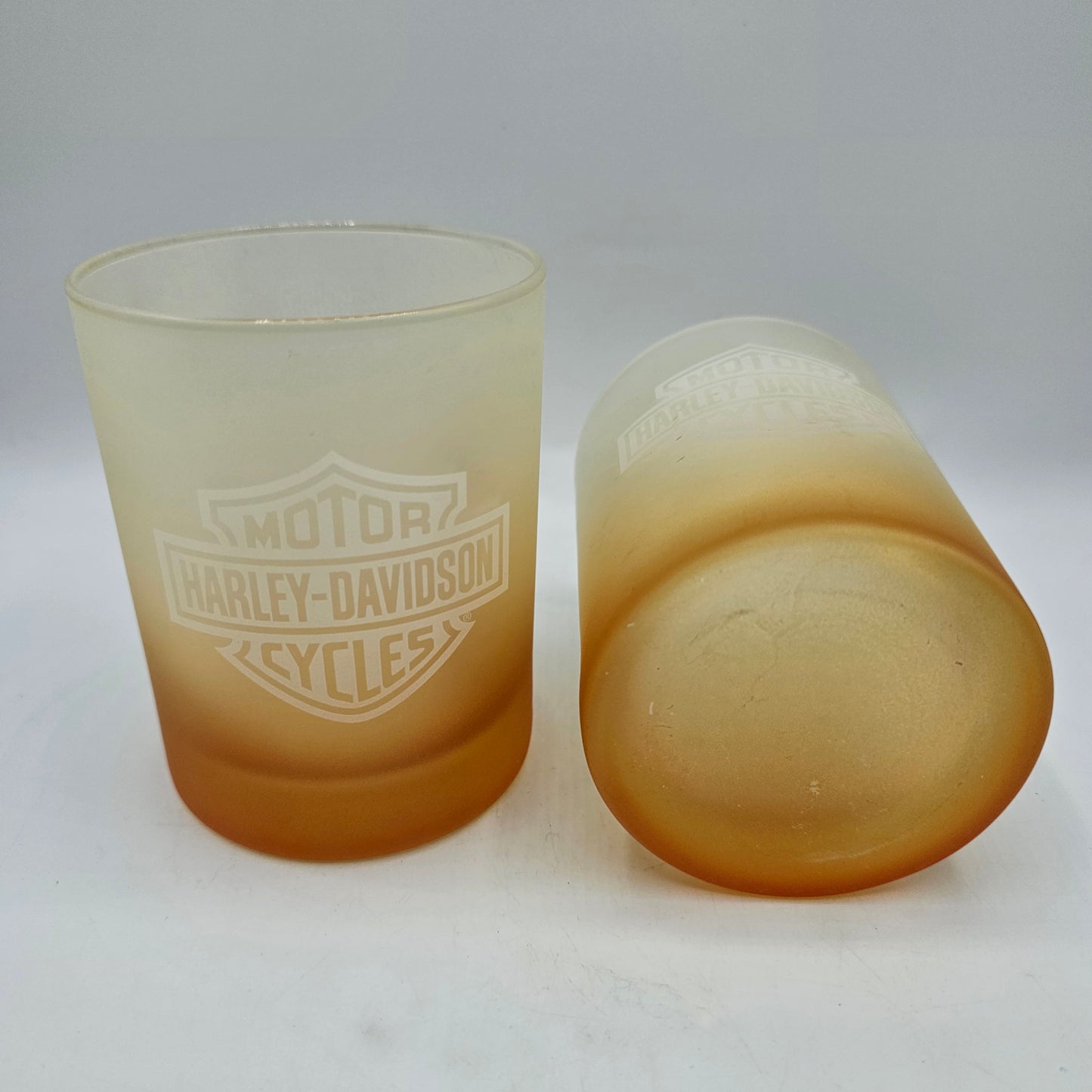 Harley Davidson 12oz Logo Glass Tumblers - Frosted Satin Fade to Orange - Set of 2