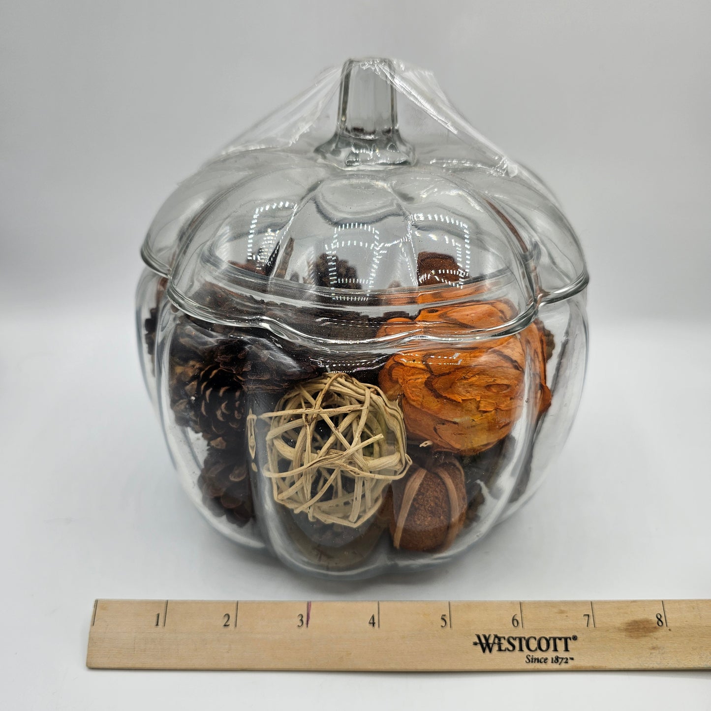 Glass Pumpkin Cookie Jar with Pinecones and Fall Filler