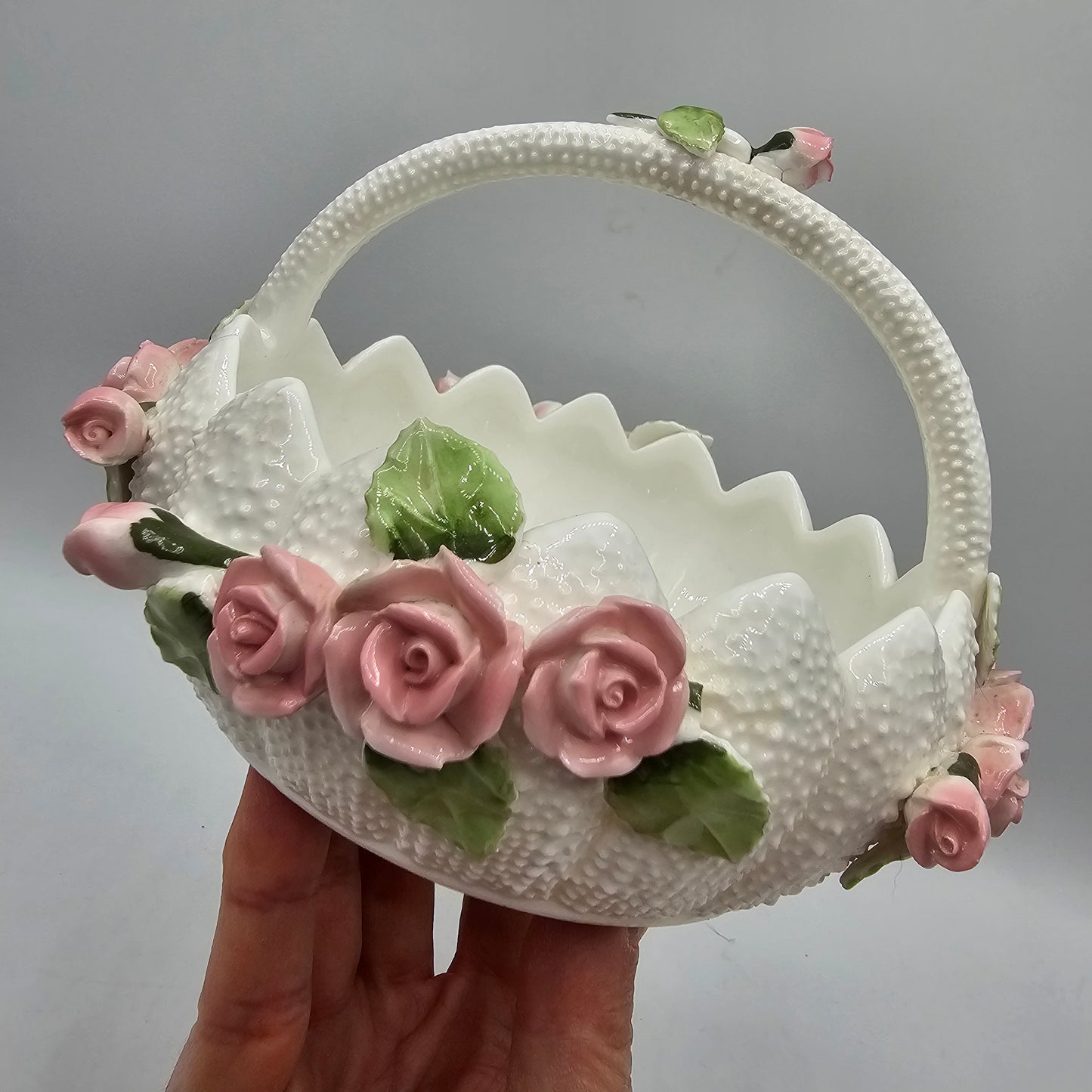 Seymour Mann Bone China Rose Basket with Applied Flowers and Leaves