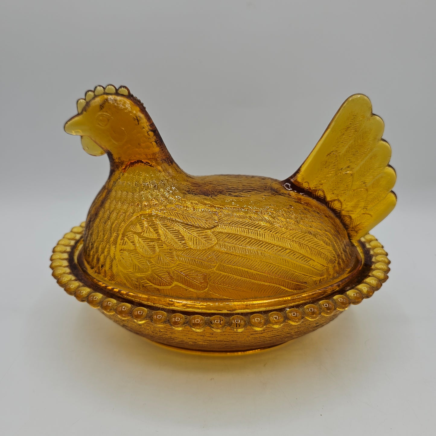 Vintage Amber Glass Chicken on Nest Trinket Box