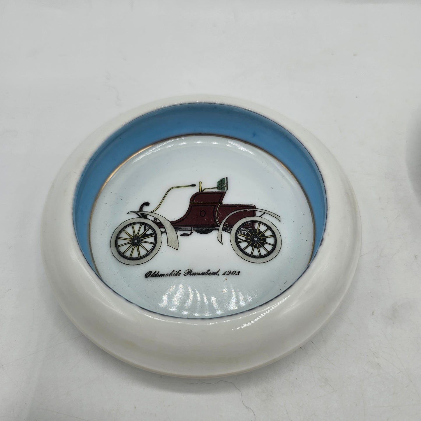Two Vintage Ceramic Coasters or Trinket Dishes Featuring Classic Cars