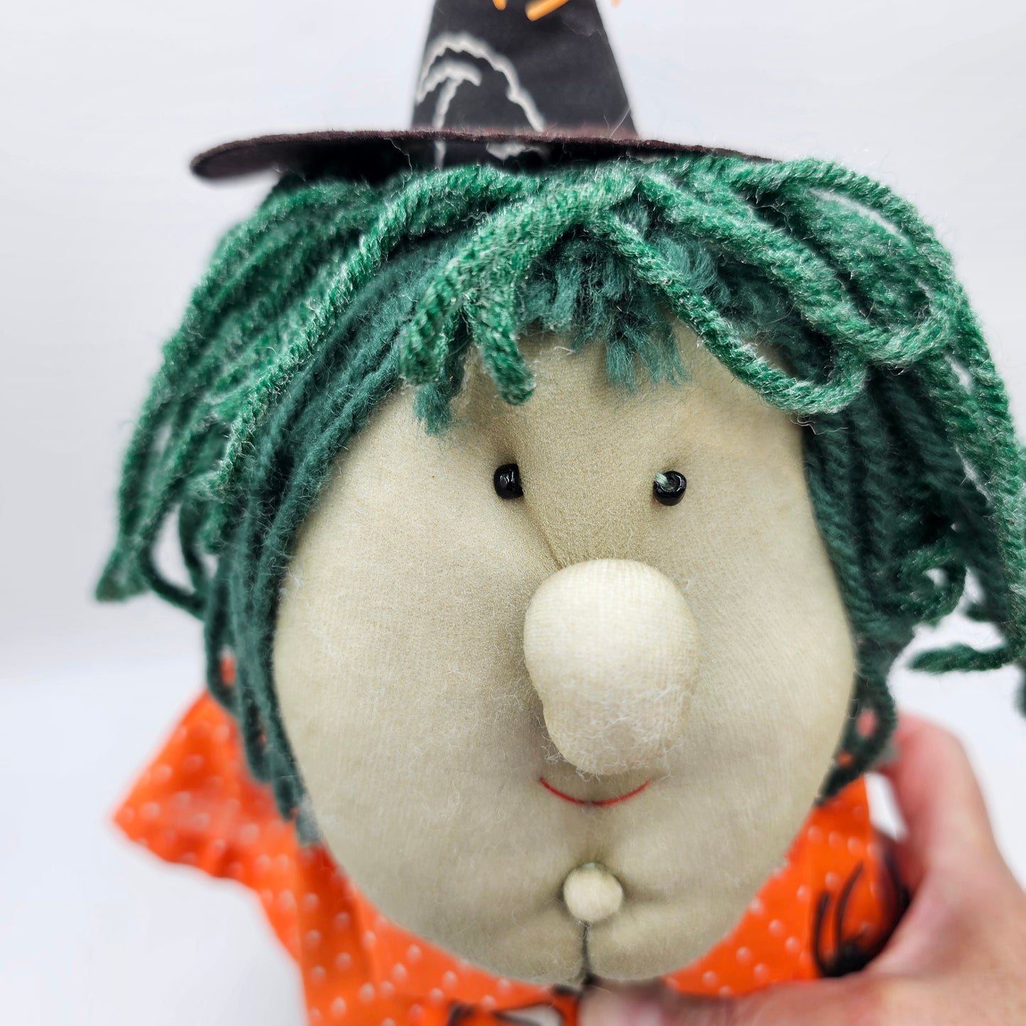 Handmade Plush Witch with Orange Cape and Green String Hair