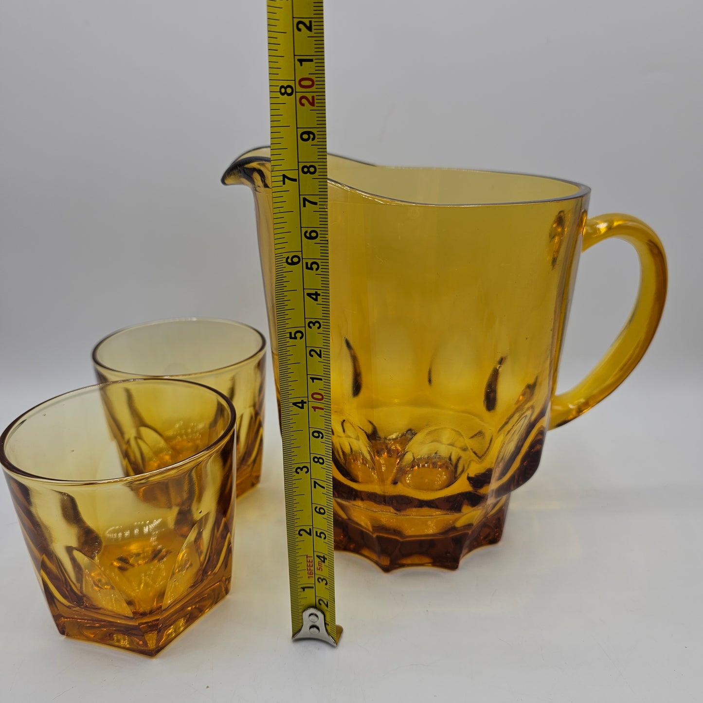 Vintage Amber Glass Pitcher and 2 Glass Tumblers